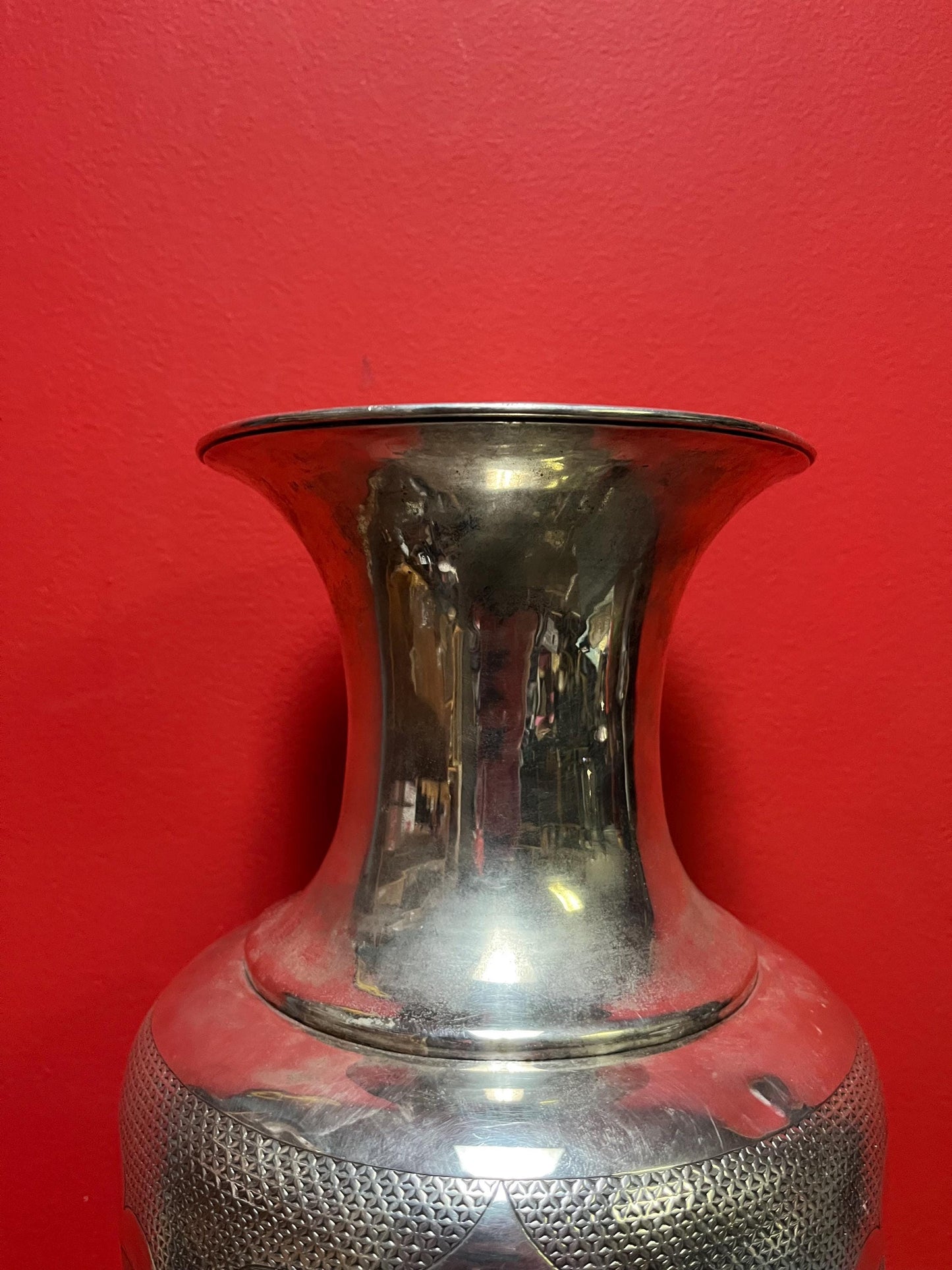 Massive 18 inch tall antique signed Japanese silver vase with amazing imagery  see description for details