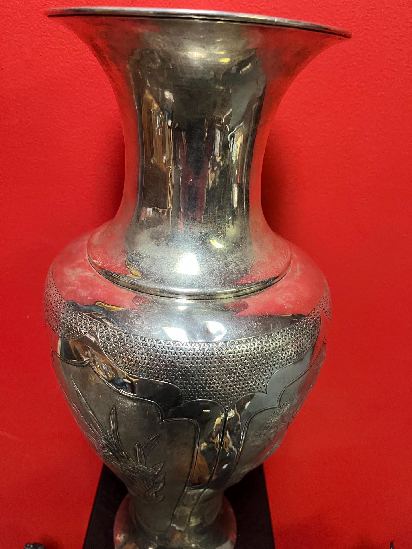 Massive 18 inch tall antique signed Japanese silver vase with amazing imagery  see description for details
