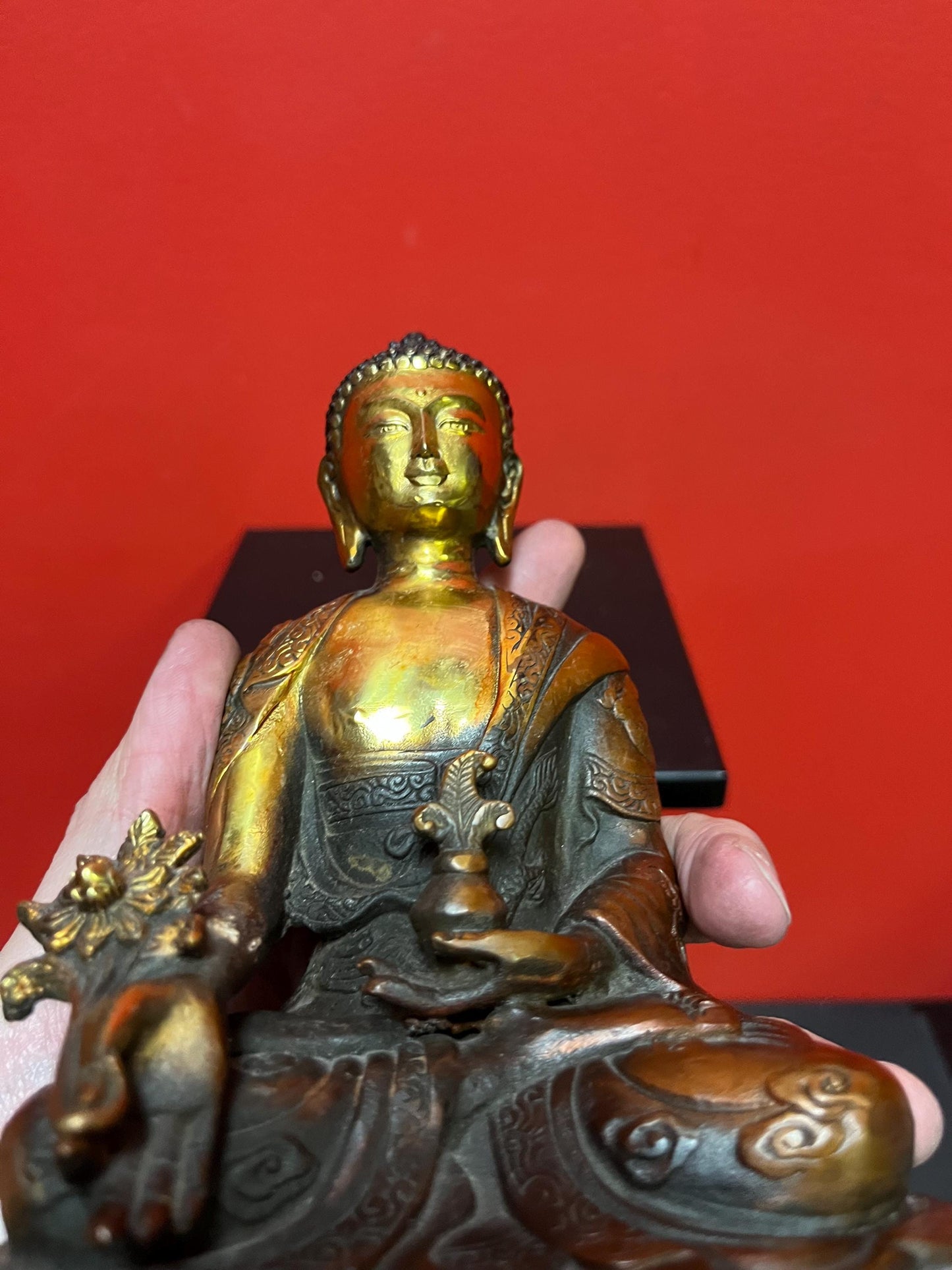 Beautiful Asian bronze Buddha with lovely gilding  8 1/2 inches tall age unknown  wonderful quality and great price