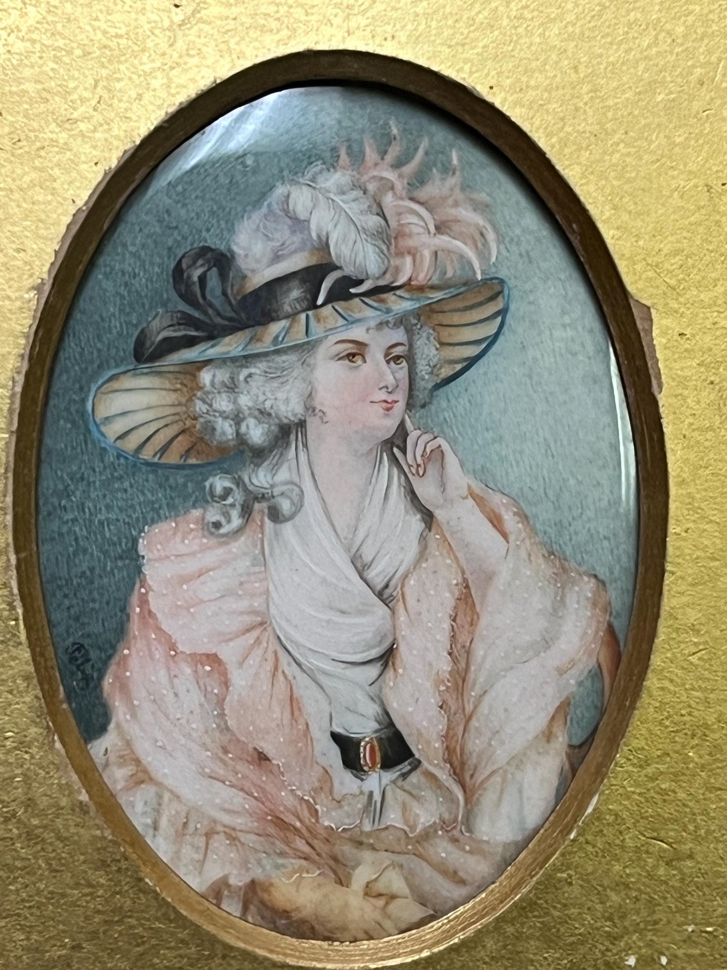 Gorgeous 7.5 x 5 gilt and wood framed painting by Felix on porcelain  19th century European beauty  perfect gift