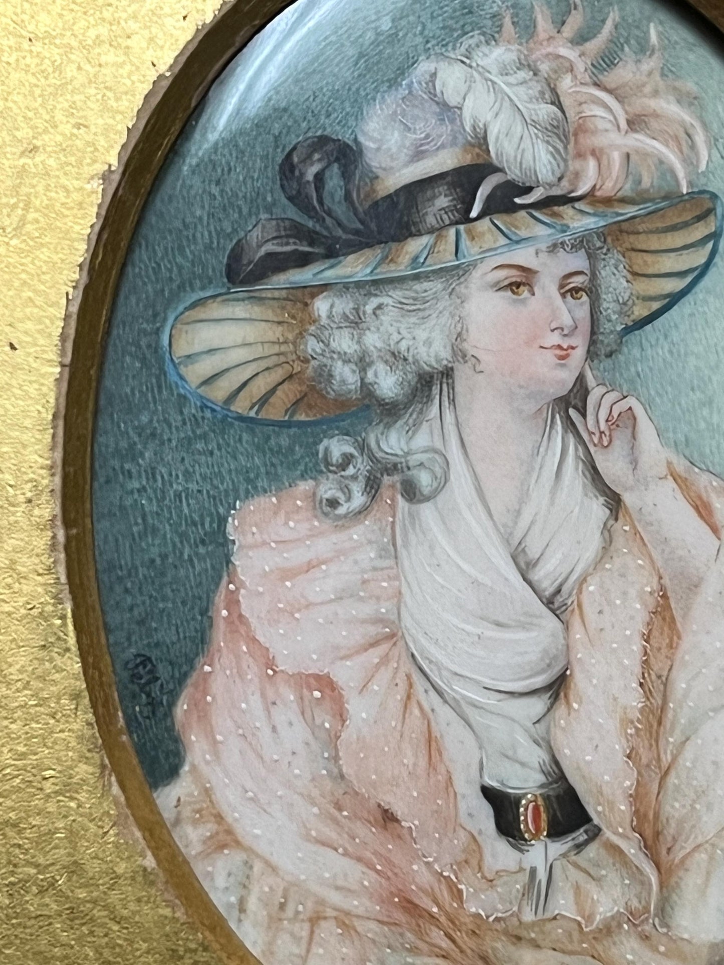 Gorgeous 7.5 x 5 gilt and wood framed painting by Felix on porcelain  19th century European beauty  perfect gift