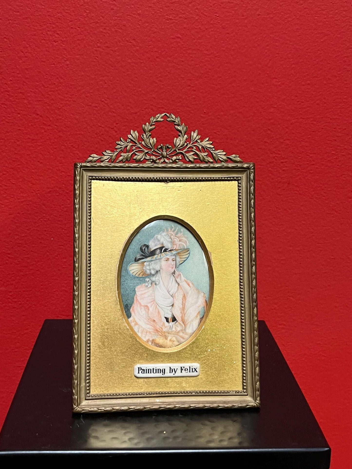 Gorgeous 7.5 x 5 gilt and wood framed painting by Felix on porcelain  19th century European beauty  perfect gift