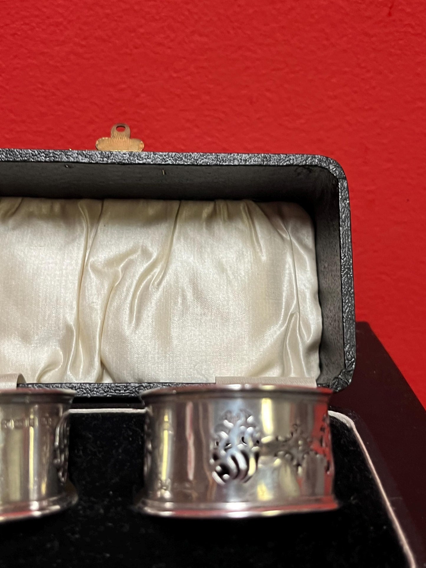 Pair of beautiful antique English sterling silver hallmarked napkin rings in original box  great gift or to use  good value