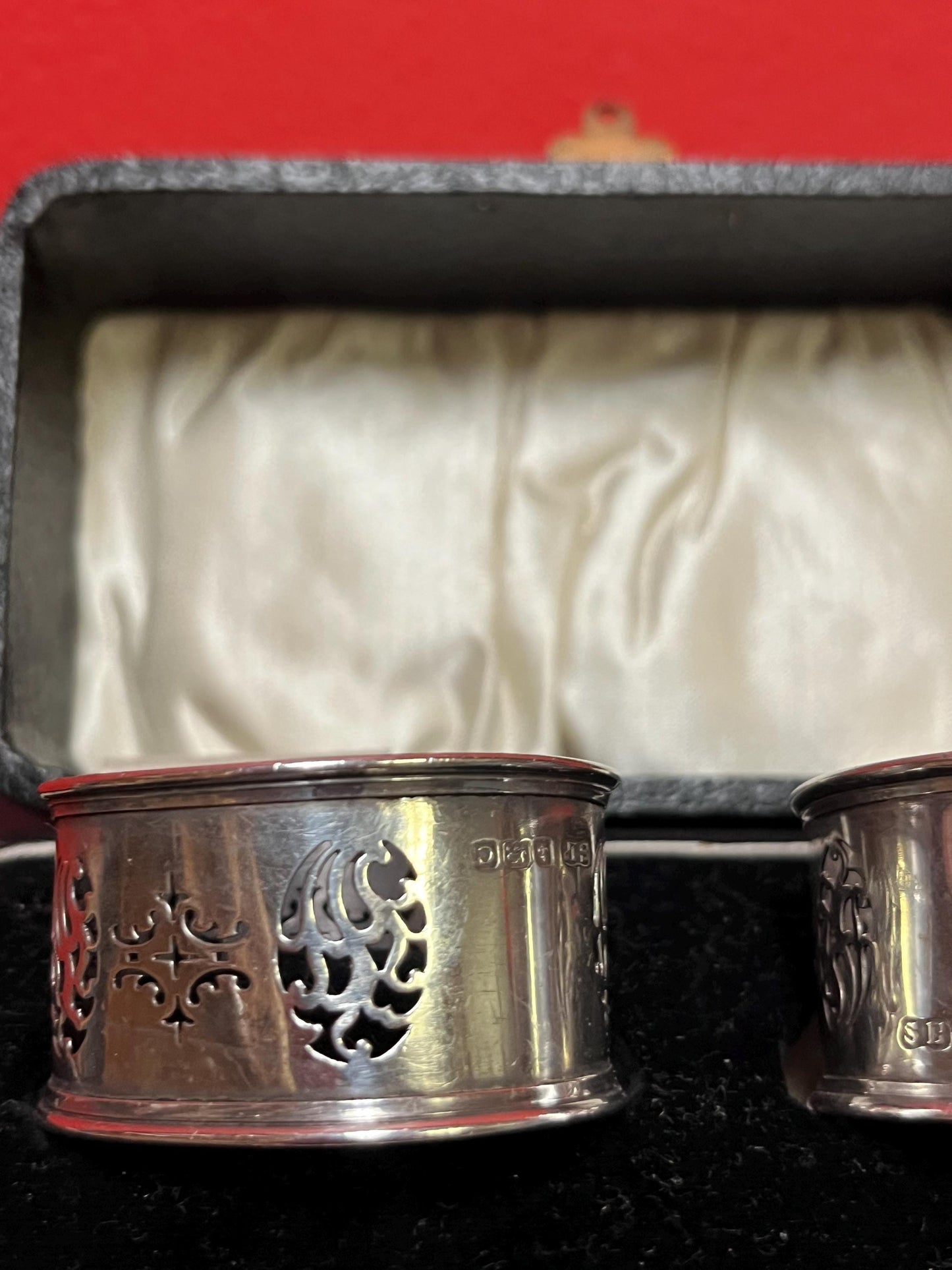 Pair of beautiful antique English sterling silver hallmarked napkin rings in original box  great gift or to use  good value