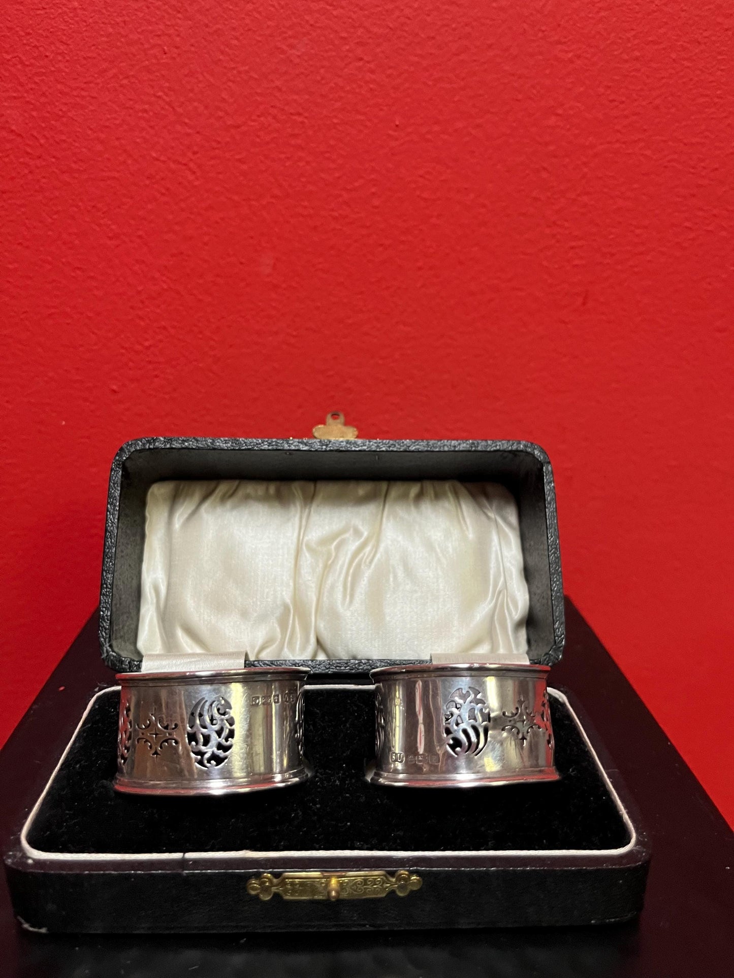 Pair of beautiful antique English sterling silver hallmarked napkin rings in original box  great gift or to use  good value