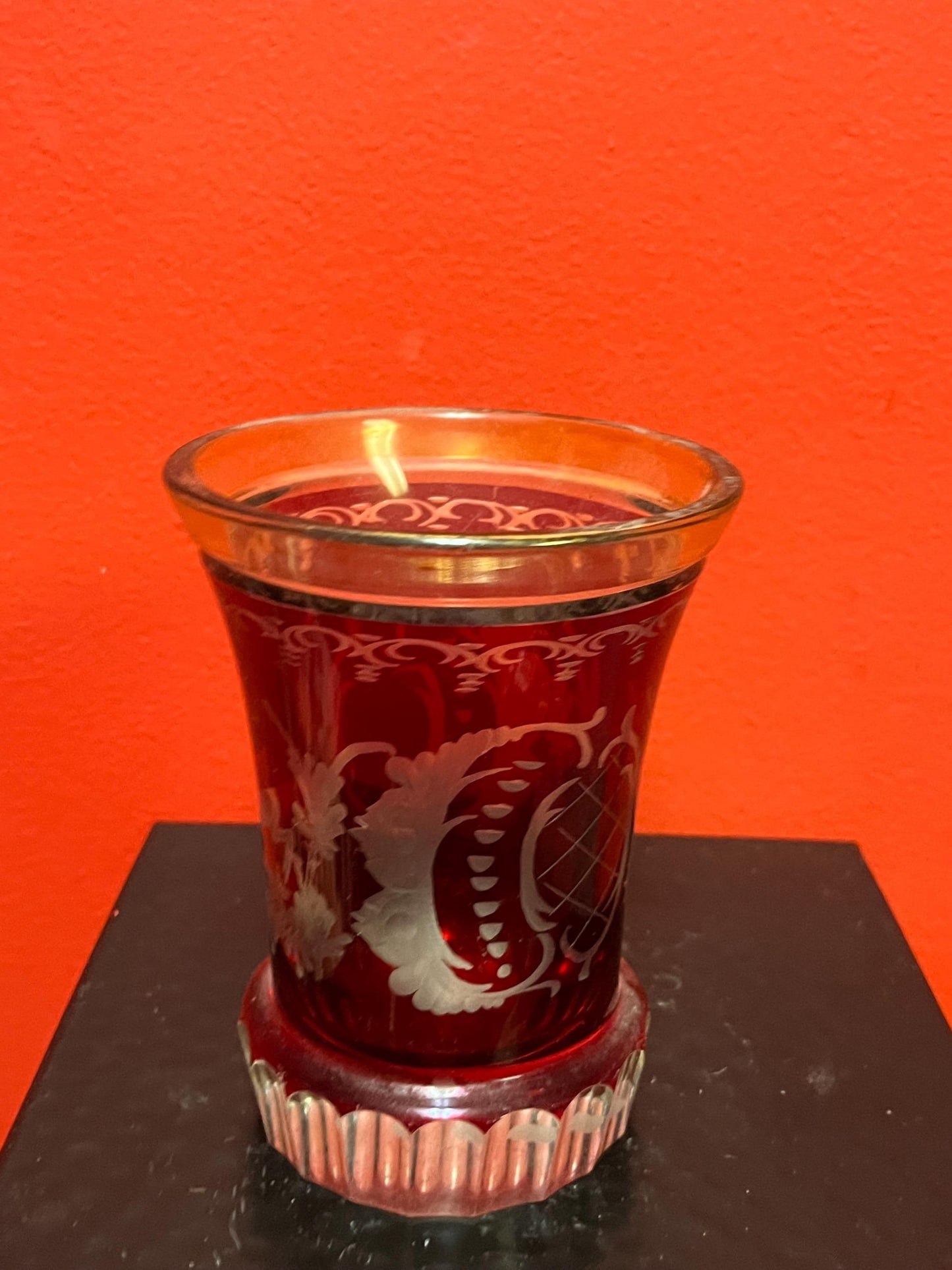Early 19 century Ruby etched glass spa glass  5.5 inch  European beauty  perfect condition