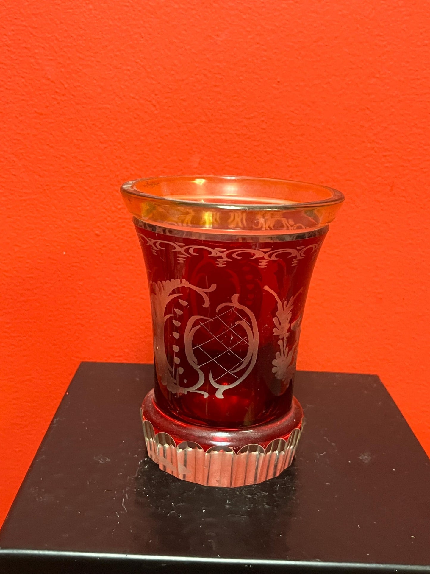 Early 19 century Ruby etched glass spa glass  5.5 inch  European beauty  perfect condition