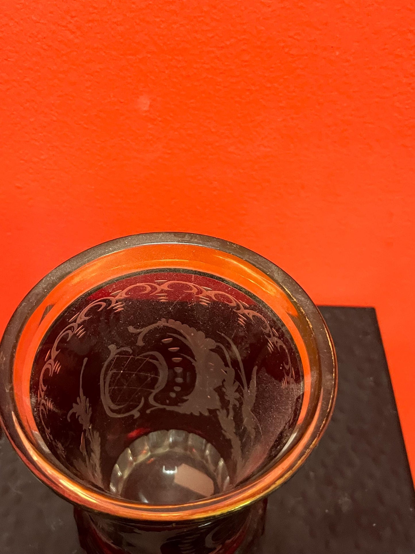 Early 19 century Ruby etched glass spa glass  5.5 inch  European beauty  perfect condition