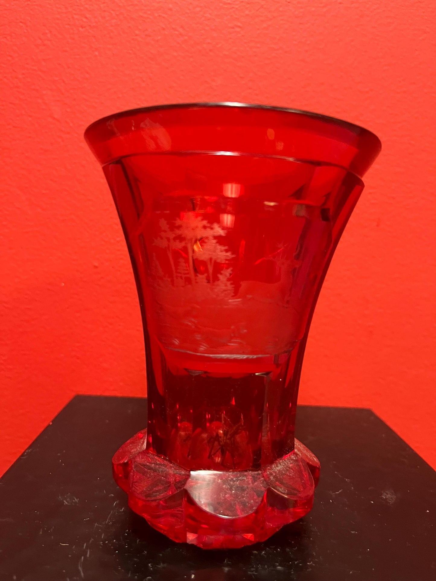 Early 19th century Ruby etched glass spa glass  5.5 inch  European beauty  perfect condition