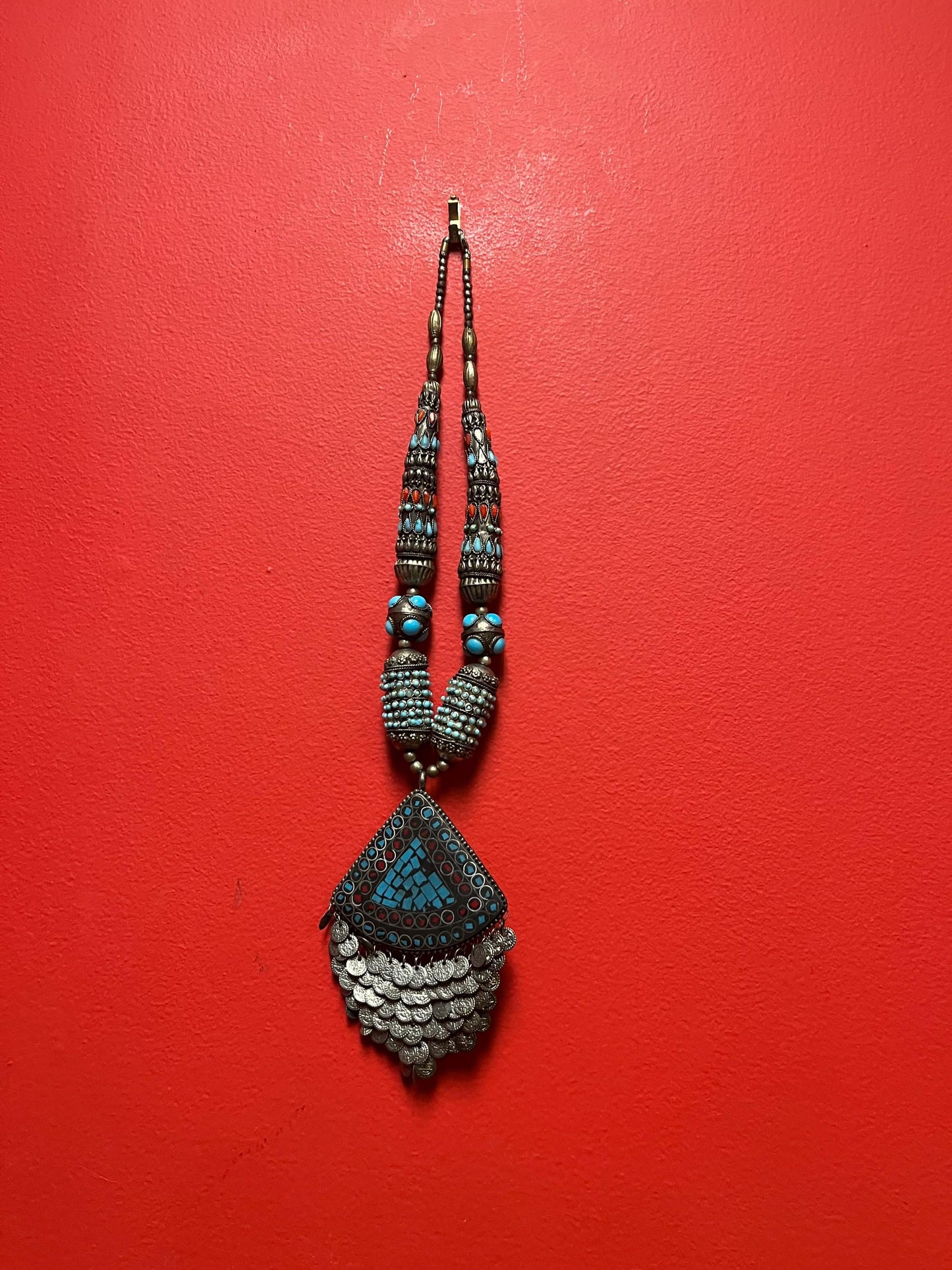 Stunning Persian untested silver turquoise, and coral necklace - 20 inch necklace and 5 inch pendant  beautiful look  great value