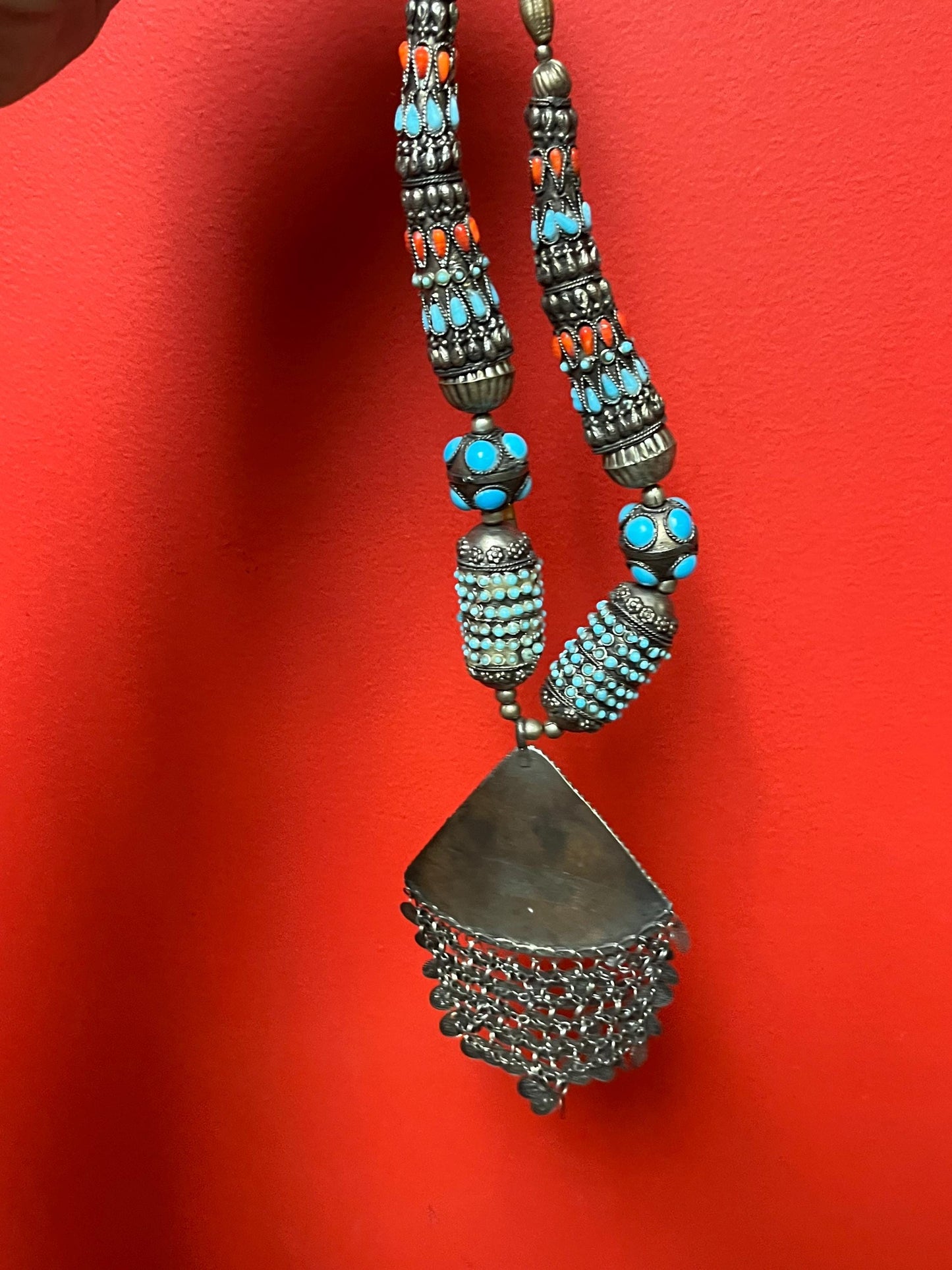 Stunning Persian untested silver turquoise, and coral necklace - 20 inch necklace and 5 inch pendant  beautiful look  great value