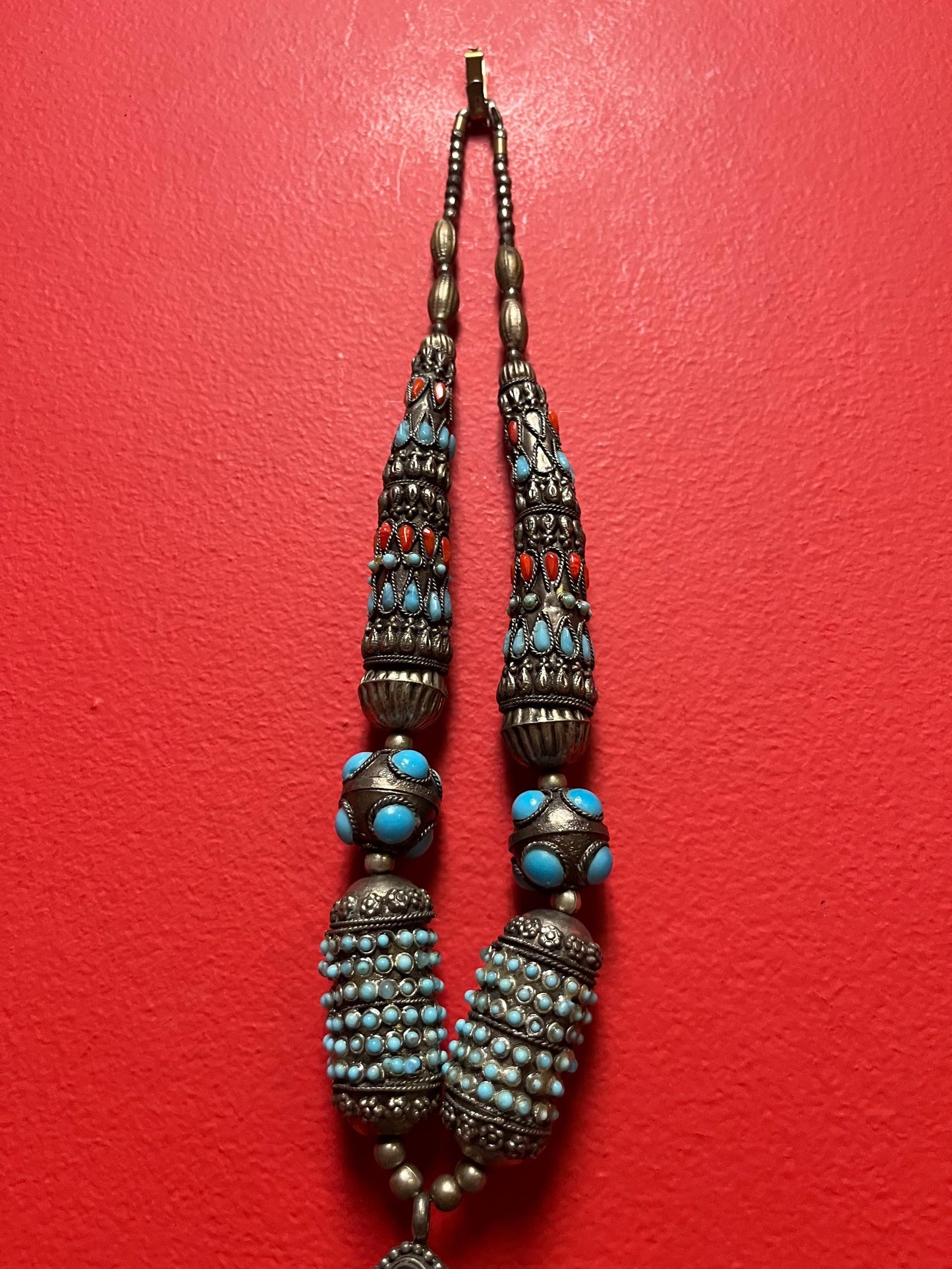 Stunning Persian untested silver turquoise, and coral necklace - 20 inch necklace and 5 inch pendant  beautiful look  great value