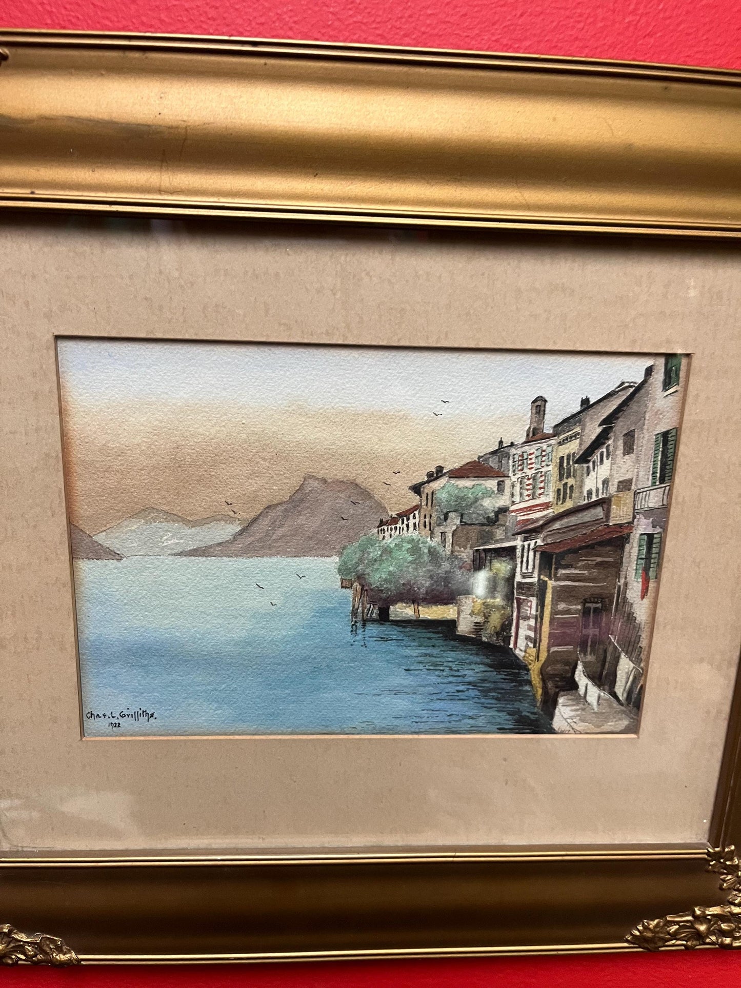 Stunning signed 1920s world tour style watercolour in beautiful gilt frame  fabulous detail and quality