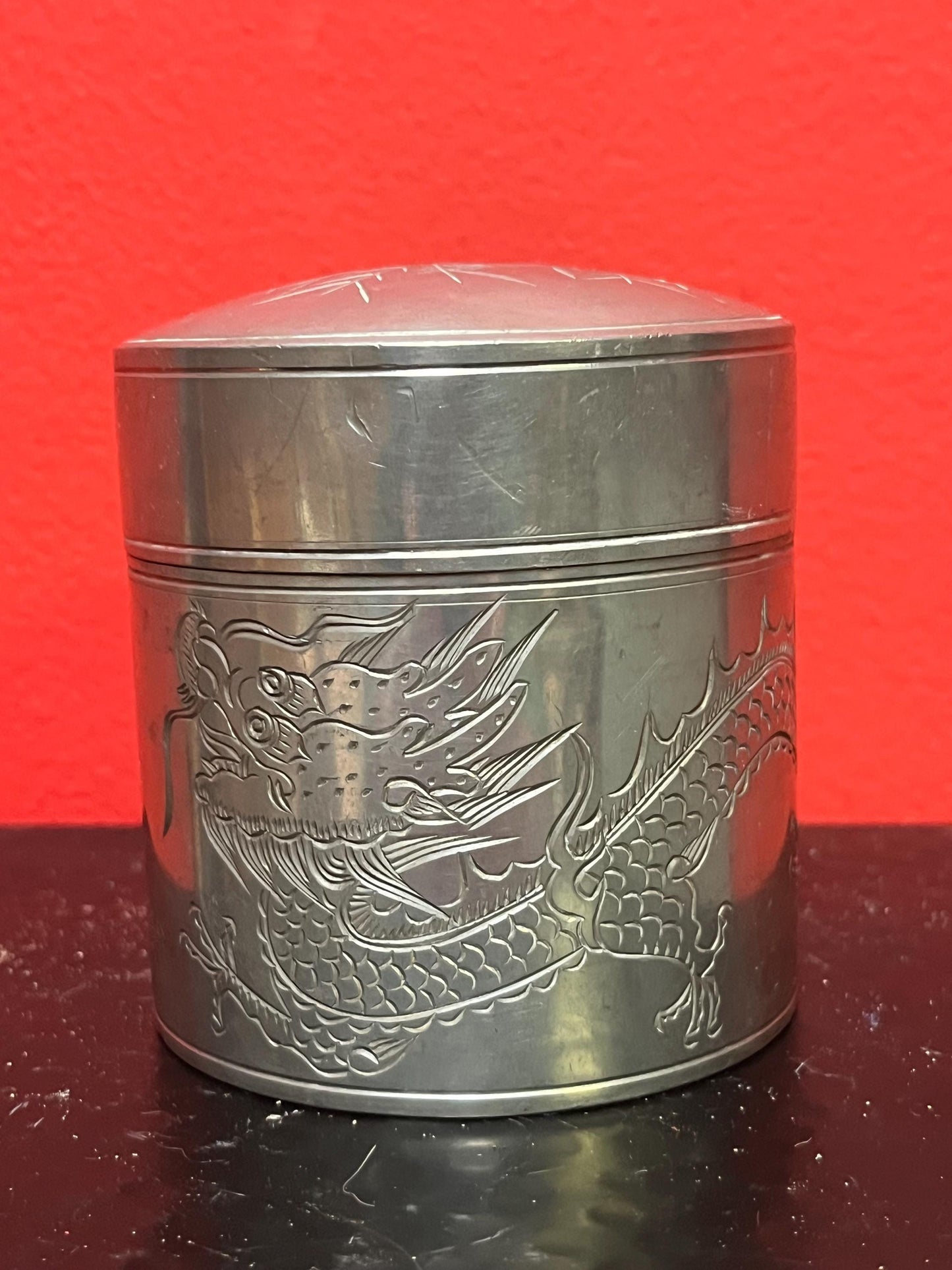 Lovely 3.5 inch tall Japanese pewter dragon tea caddy   old well detailed piece  Japanese dragons - Japanese tea - gift