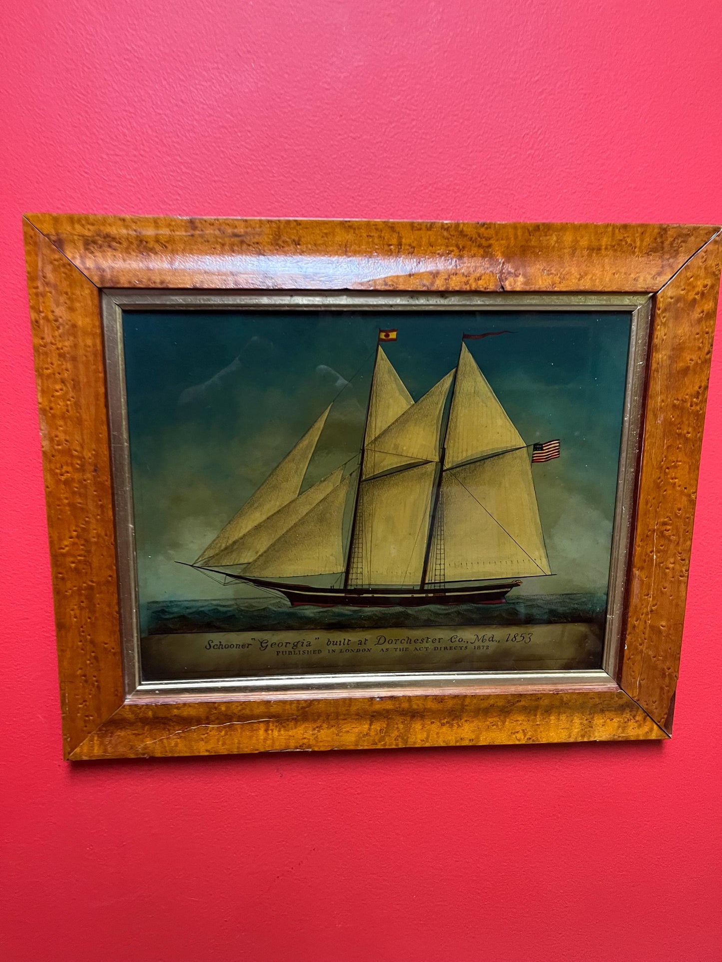 Stunning 1872 “Georgia vessel reverse painted picture in Birds Eye maple frame  beautiful condition and one of a kind -17 x 14 high