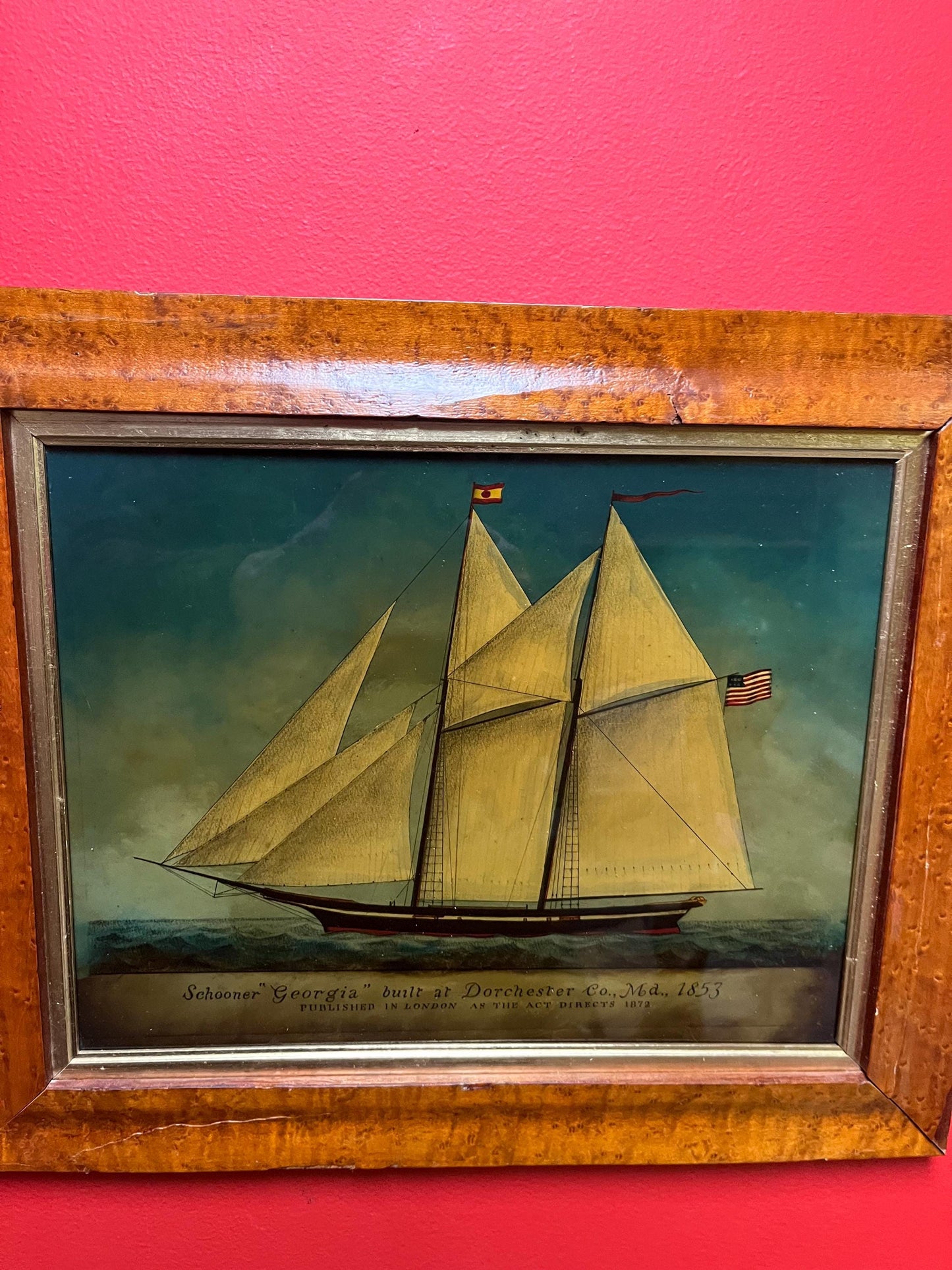 Stunning 1872 “Georgia vessel reverse painted picture in Birds Eye maple frame  beautiful condition and one of a kind -17 x 14 high