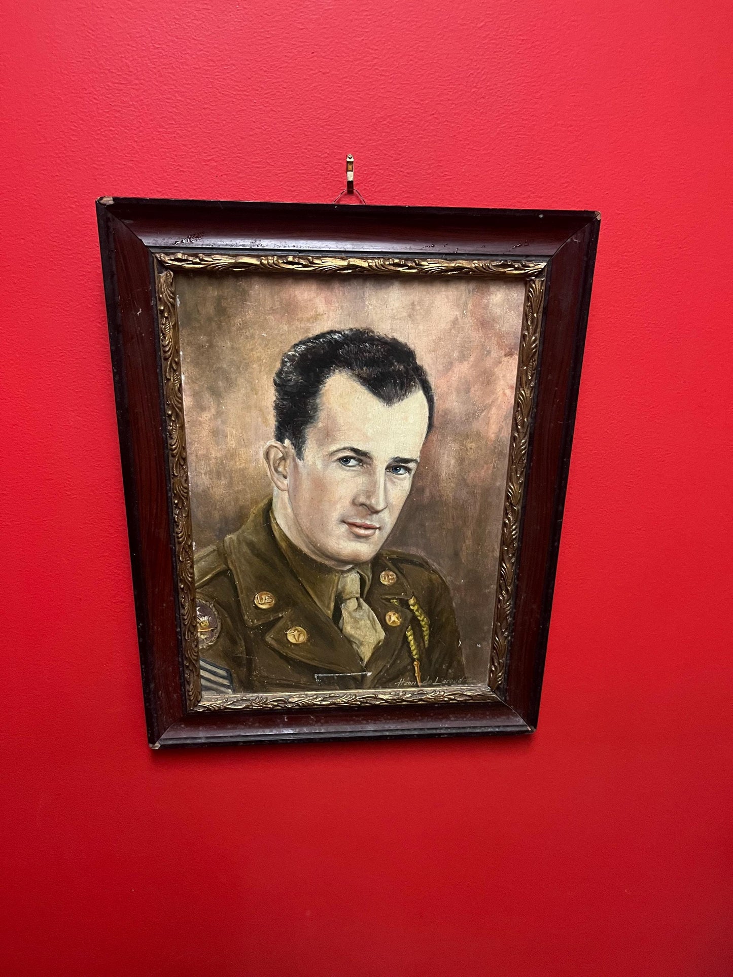 Stunning 17 x 15 framed, signed French oil painting of a US soldier  some minor minor damage- wonderful historical piece