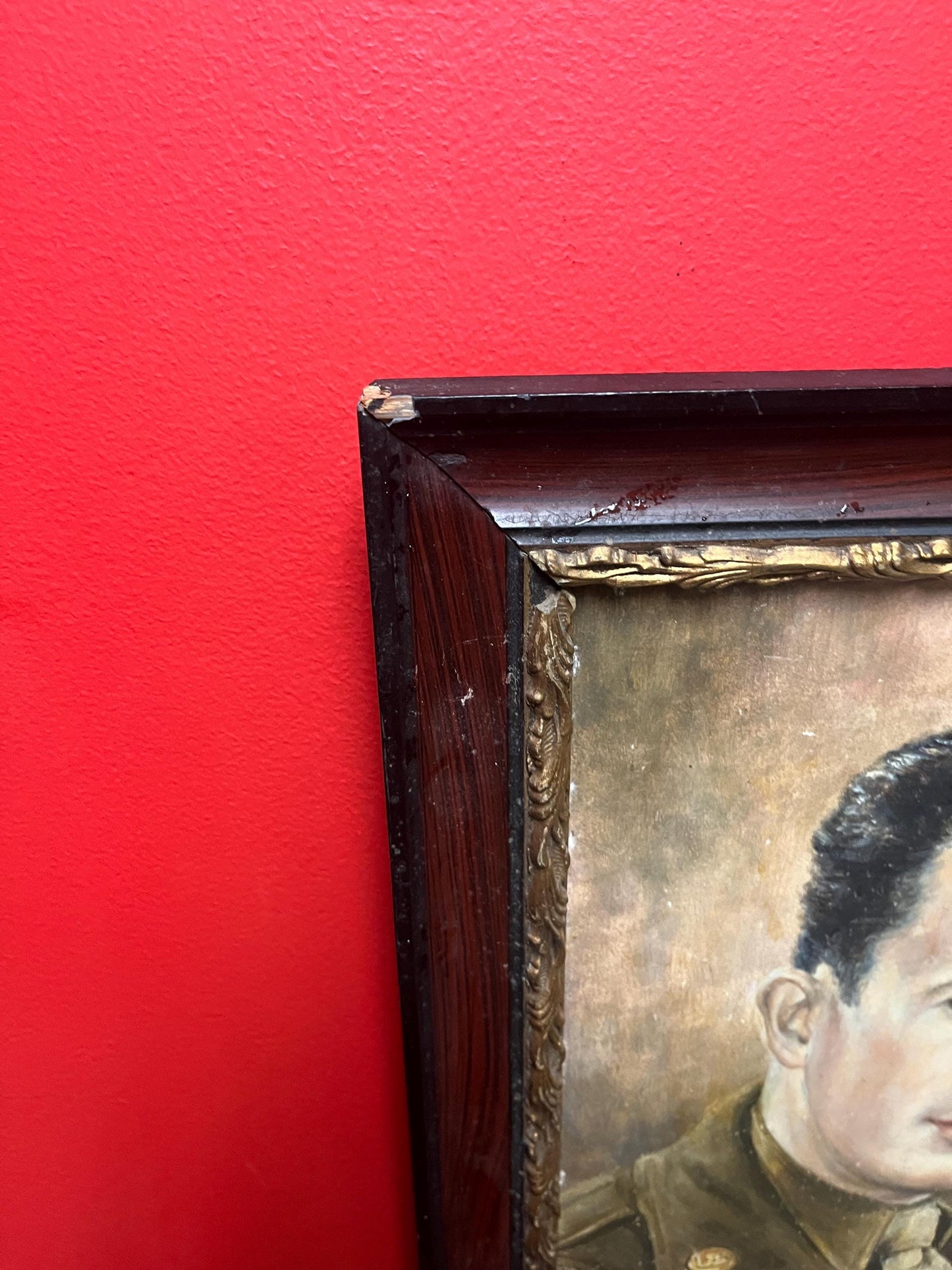 Stunning 17 x 15 framed, signed French oil painting of a US soldier  some minor minor damage- wonderful historical piece