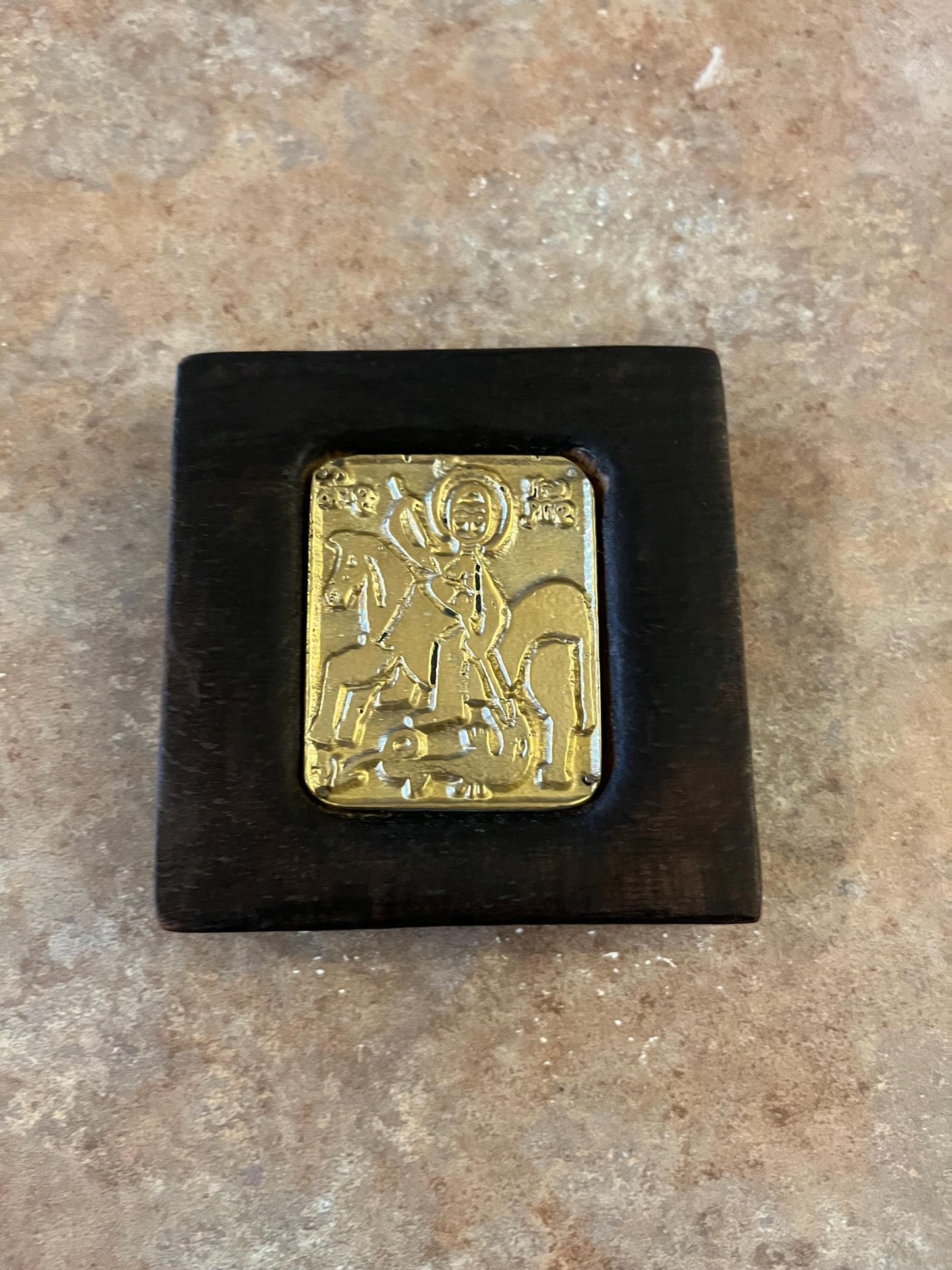 Lovely 3.5 inch older Ethiopian bronze plaque in wooden frame  religious African beauty ready to hang  so cool