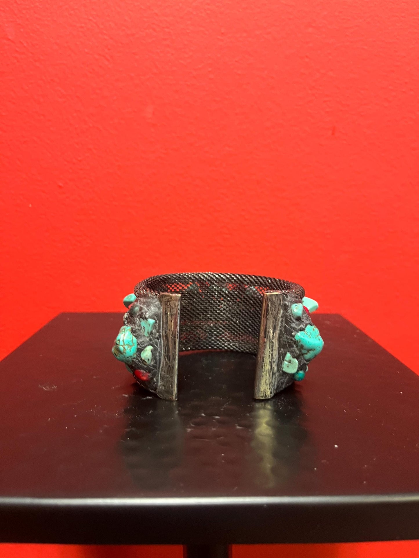 Stunning antique Navajo bracelet  3 x 2 high turquoise coral and untested silver unique design and wonderful to wear or gift  great value