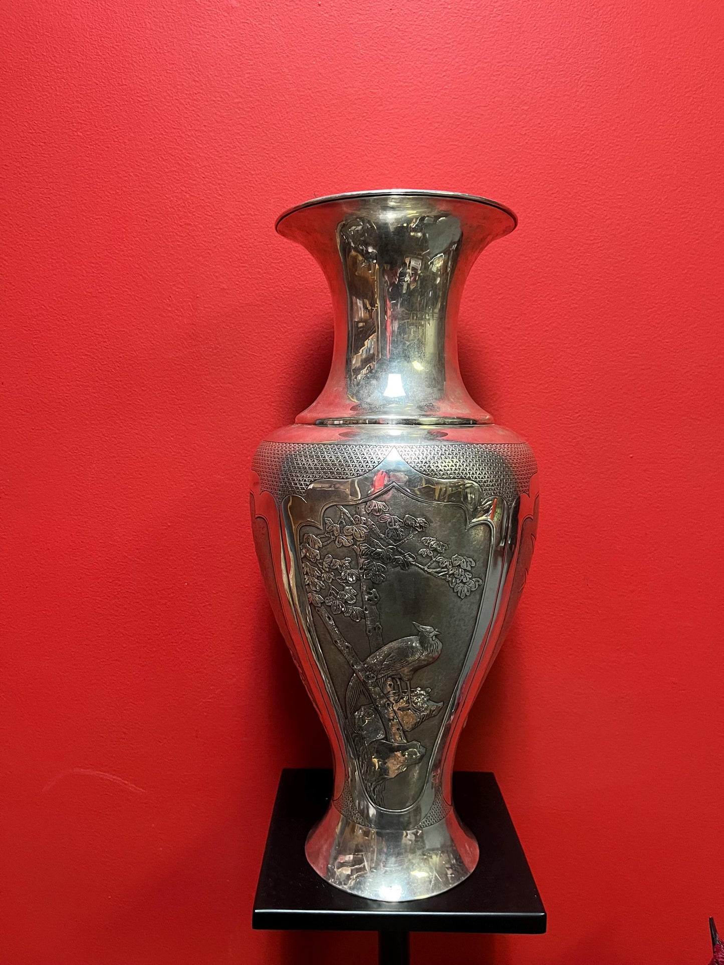 Massive 18 inch tall antique signed Japanese silver vase with amazing imagery  see description for details