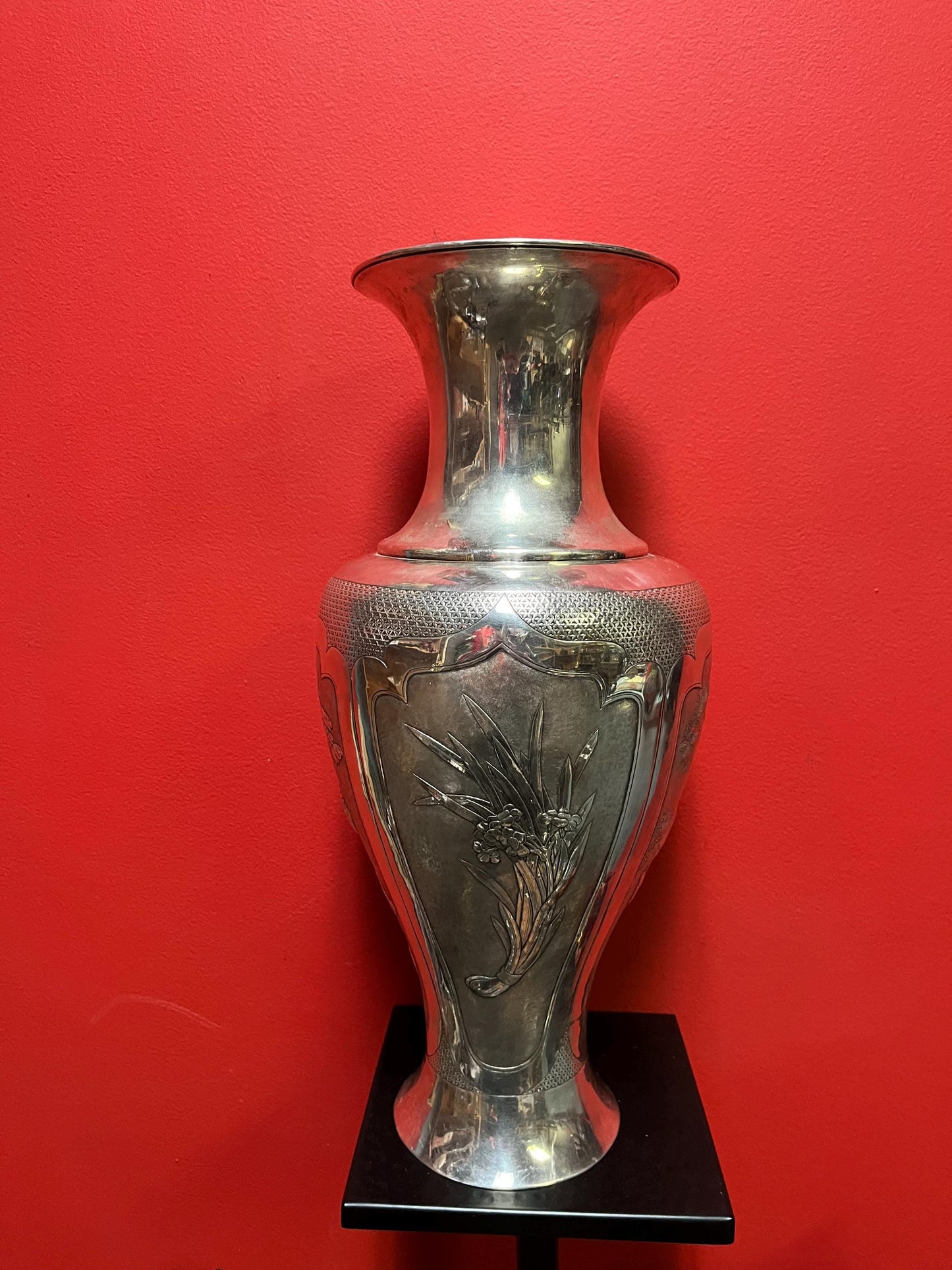 Massive 18 inch tall antique signed Japanese silver vase with amazing imagery  see description for details