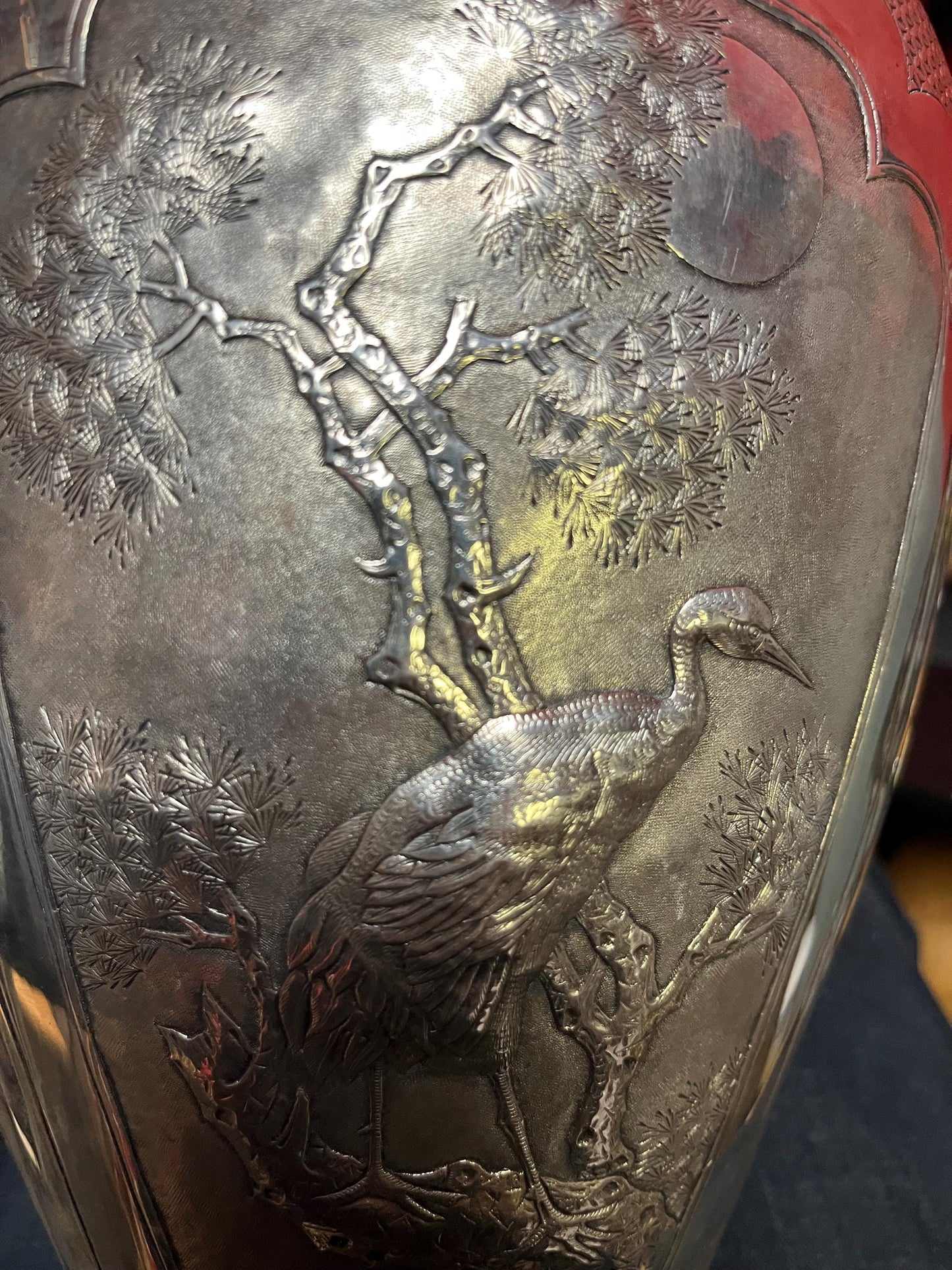 Massive 18 inch tall antique signed Japanese silver vase with amazing imagery  see description for details