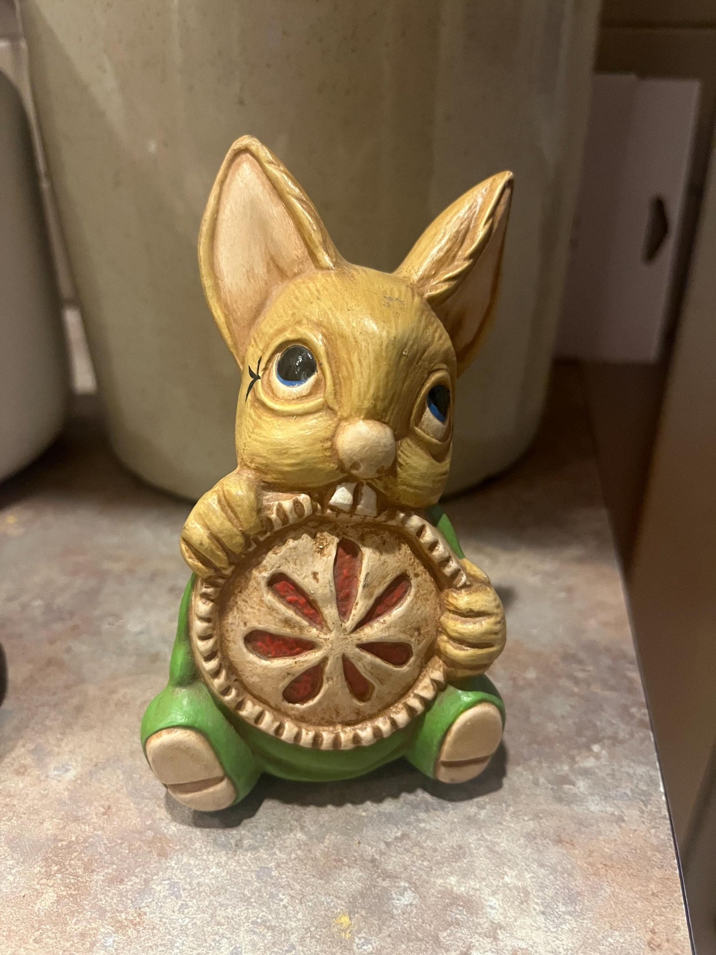 Cute 5 inch tall rabbit eating a pie   ceramic perfect Easter  gift   great value  fun rabbit