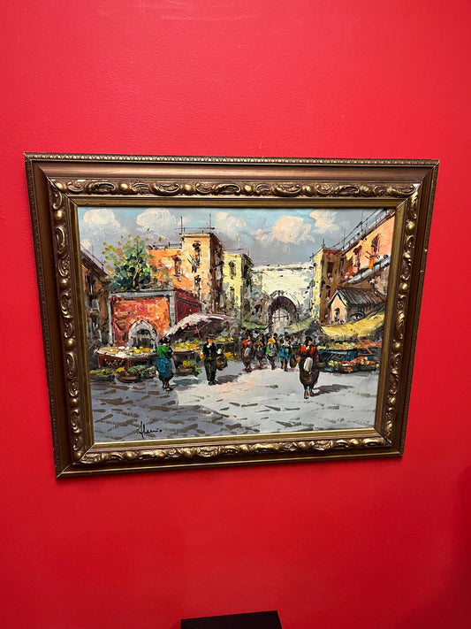 Beautiful 25 x 22 inch European MCM original painting in lovely gilt frame  wonderful imagery  ready to hang