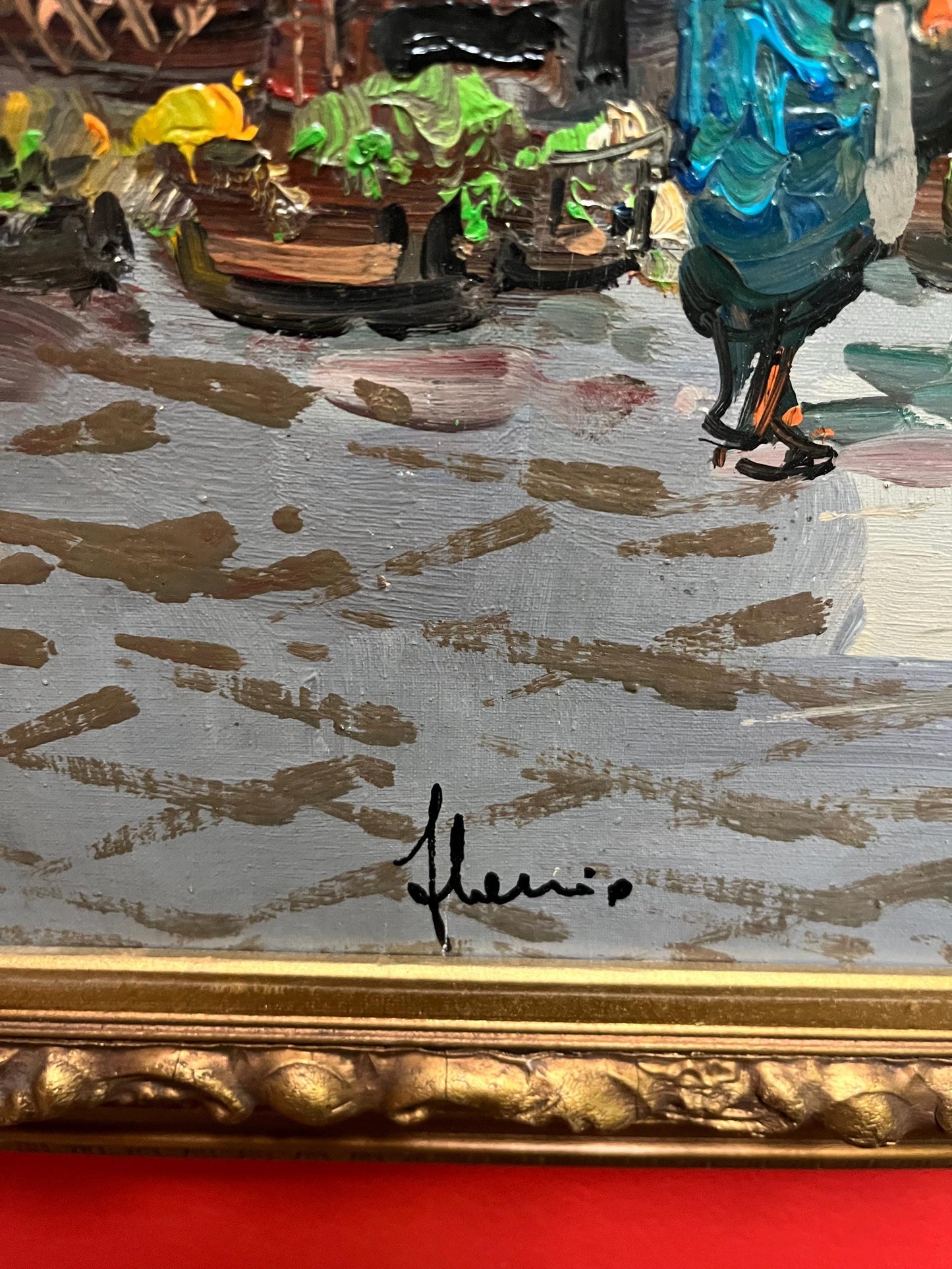 Beautiful 25 x 22 inch European MCM original painting in lovely gilt frame  wonderful imagery  ready to hang