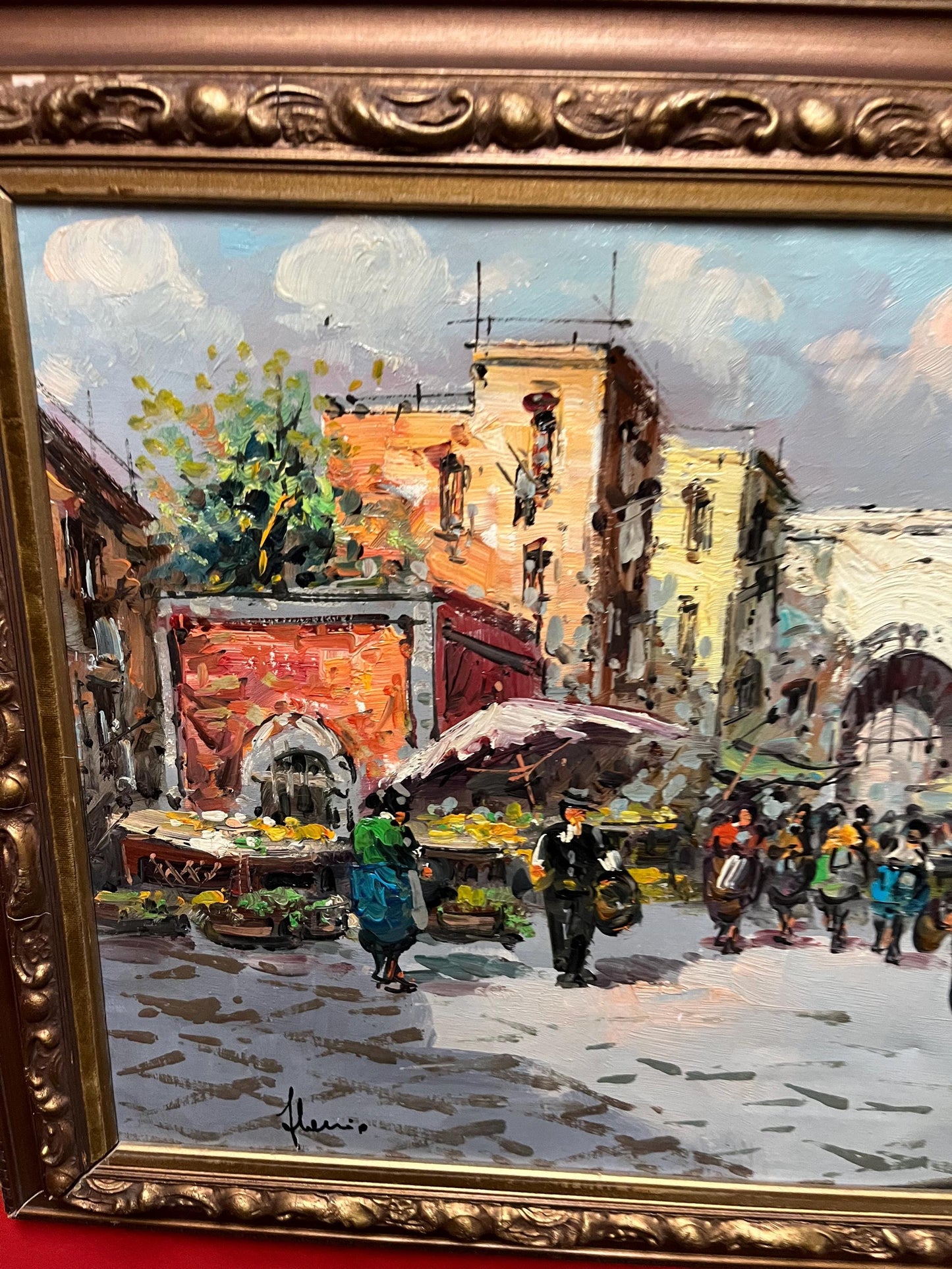 Beautiful 25 x 22 inch European MCM original painting in lovely gilt frame  wonderful imagery  ready to hang