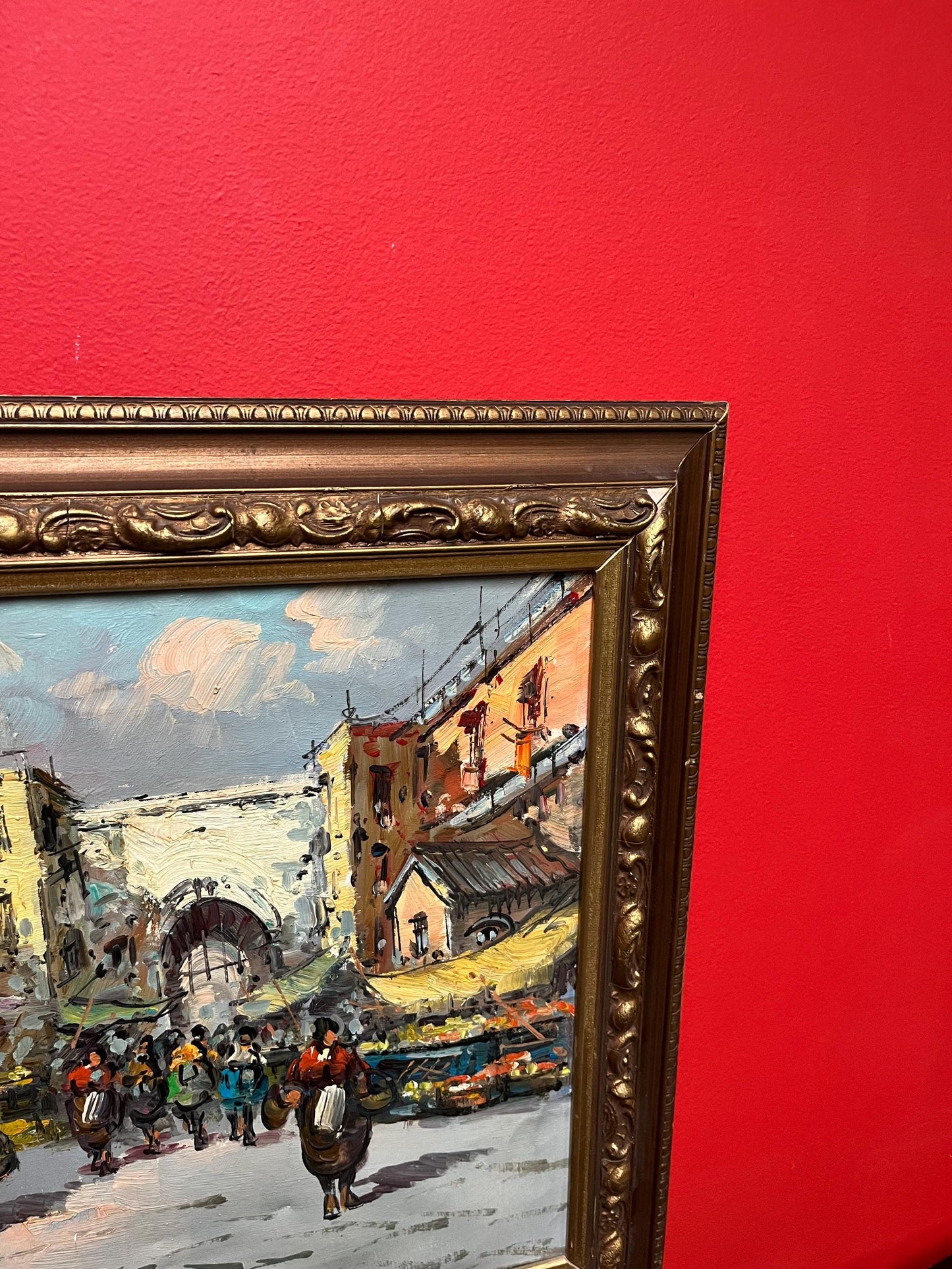 Beautiful 25 x 22 inch European MCM original painting in lovely gilt frame  wonderful imagery  ready to hang