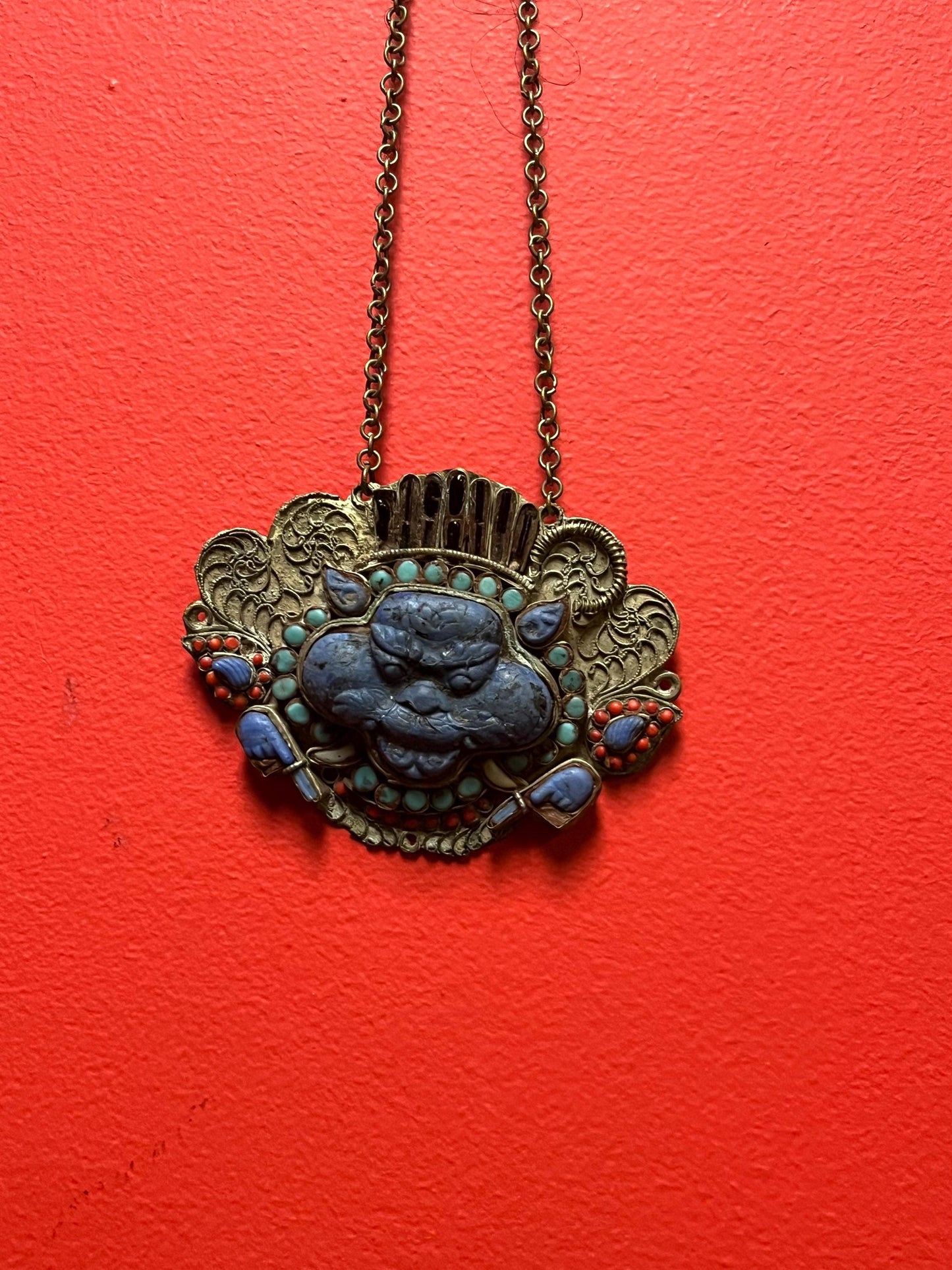 Huge antique Tibetan silver lazuli lapis and coral and turquoise pendant with necklace  finest quality - pendant 5 x 4 great condition