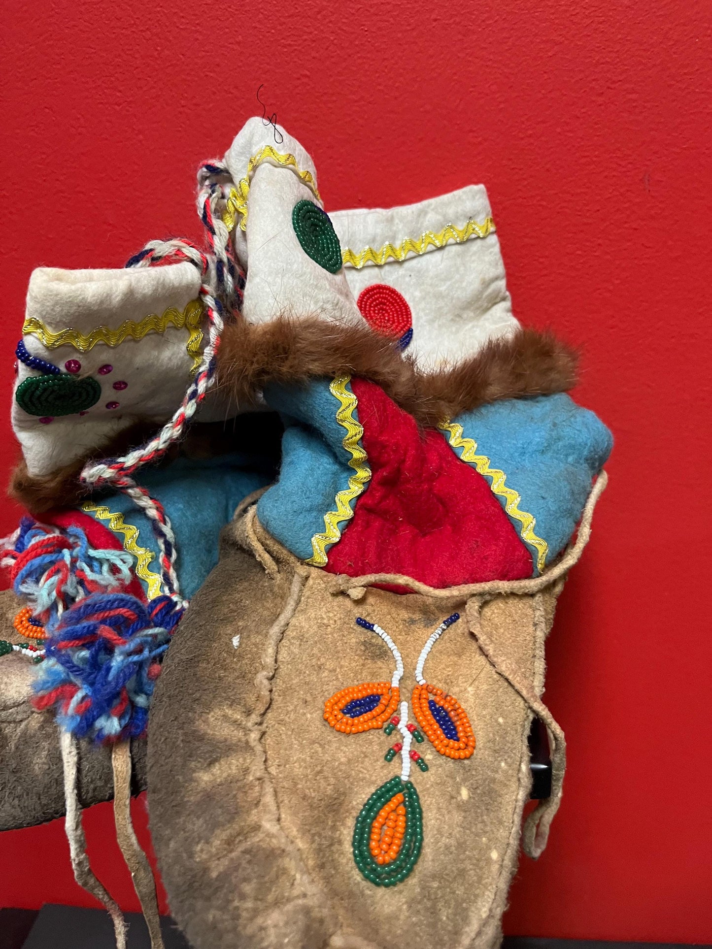 Super value  7 x 10 long antique beaded indigenous first nations moccasin boots  more for display  wow - pretty good condition