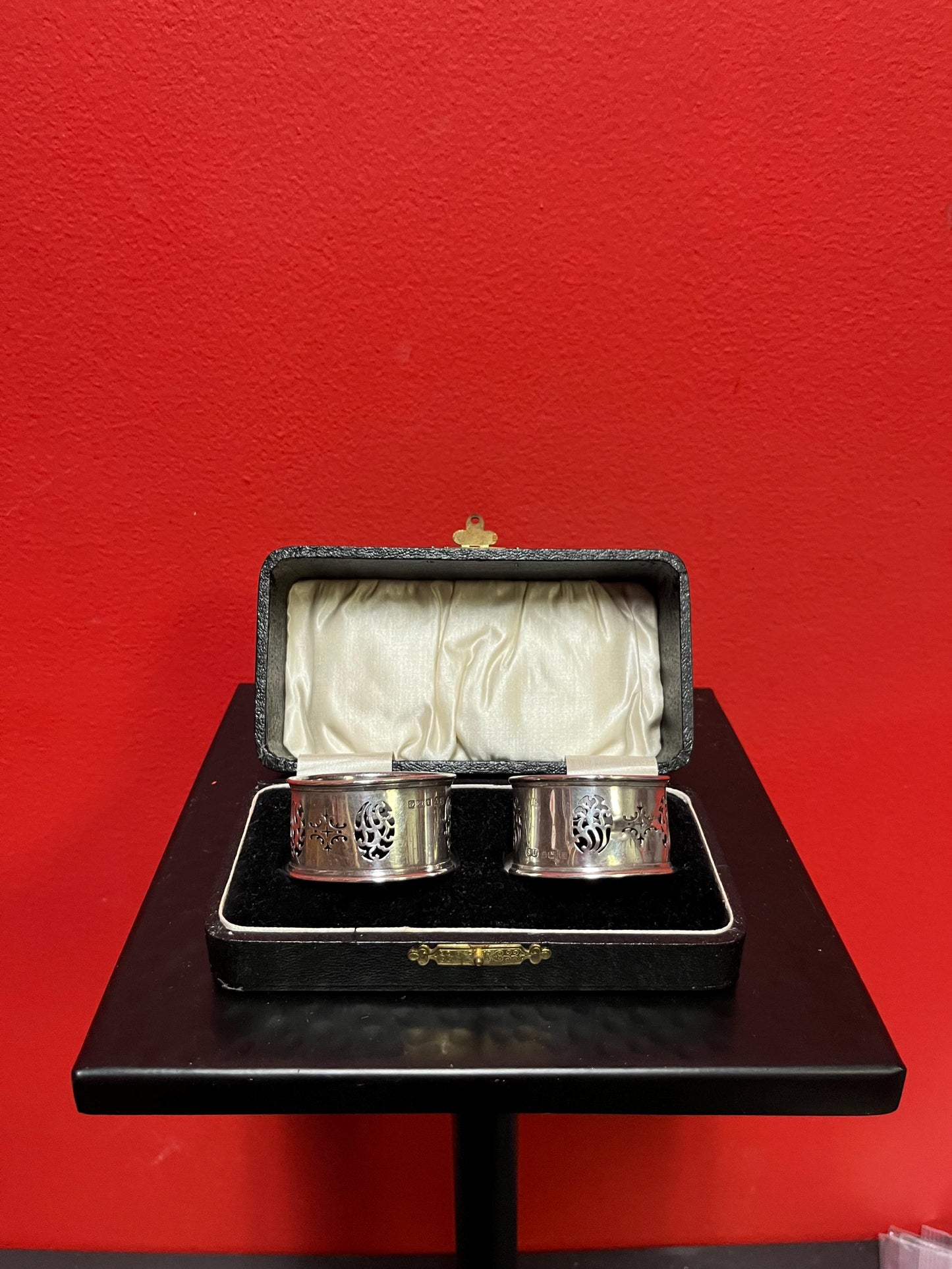 Pair of beautiful antique English sterling silver hallmarked napkin rings in original box  great gift or to use  good value