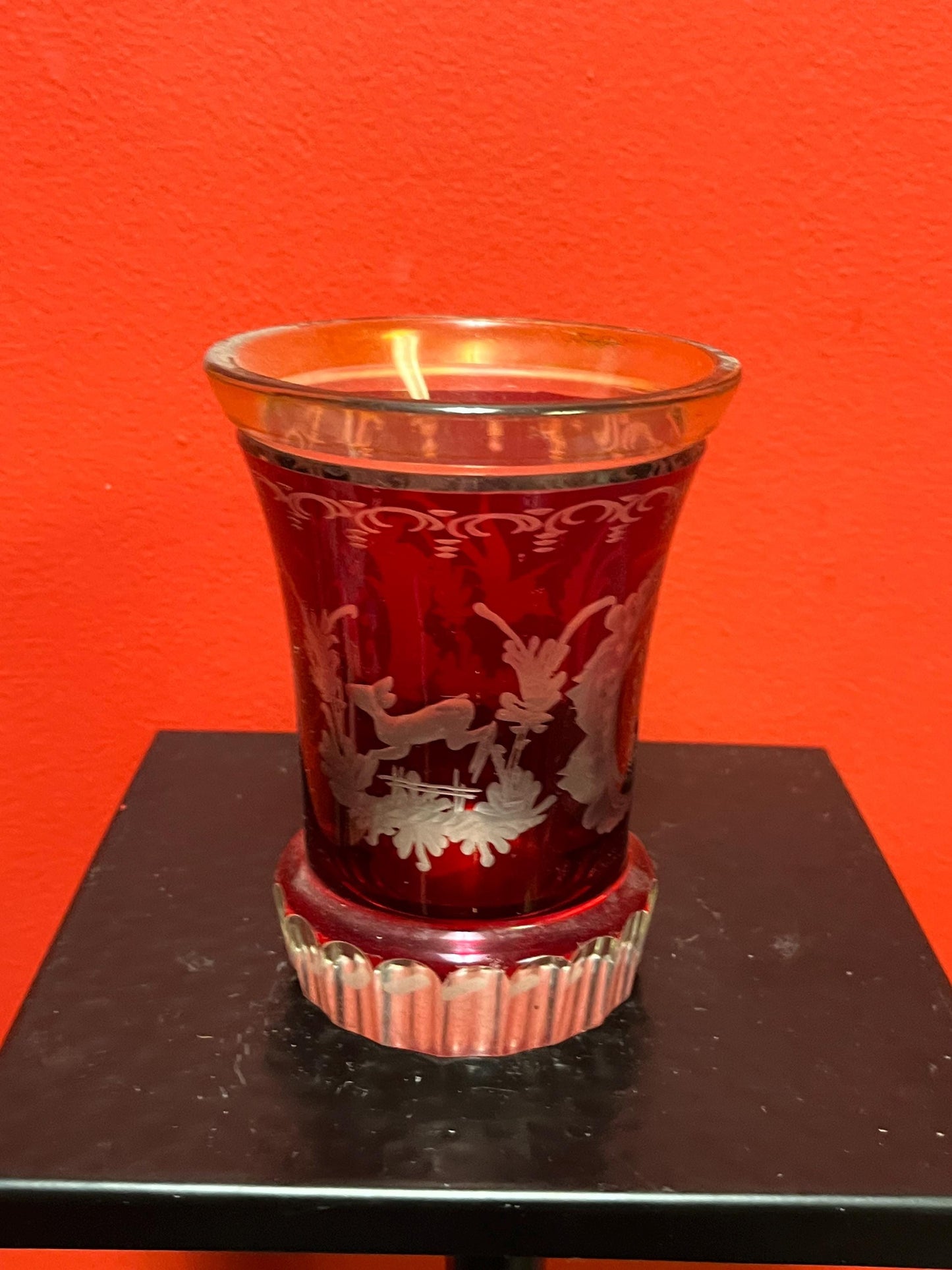 Early 19 century Ruby etched glass spa glass  5.5 inch  European beauty  perfect condition