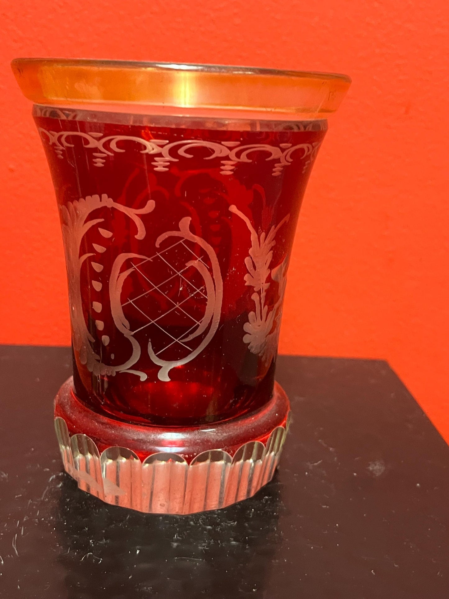 Early 19 century Ruby etched glass spa glass  5.5 inch  European beauty  perfect condition