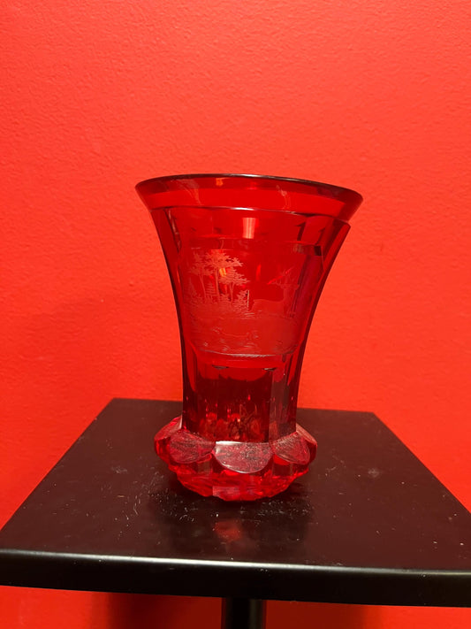 Early 19th century Ruby etched glass spa glass  5.5 inch  European beauty  perfect condition