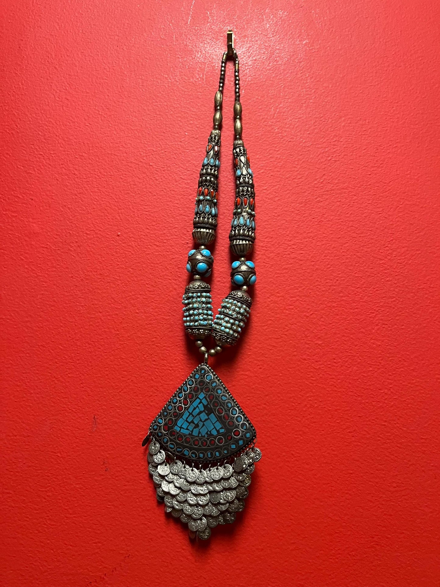 Stunning Persian untested silver turquoise, and coral necklace - 20 inch necklace and 5 inch pendant  beautiful look  great value