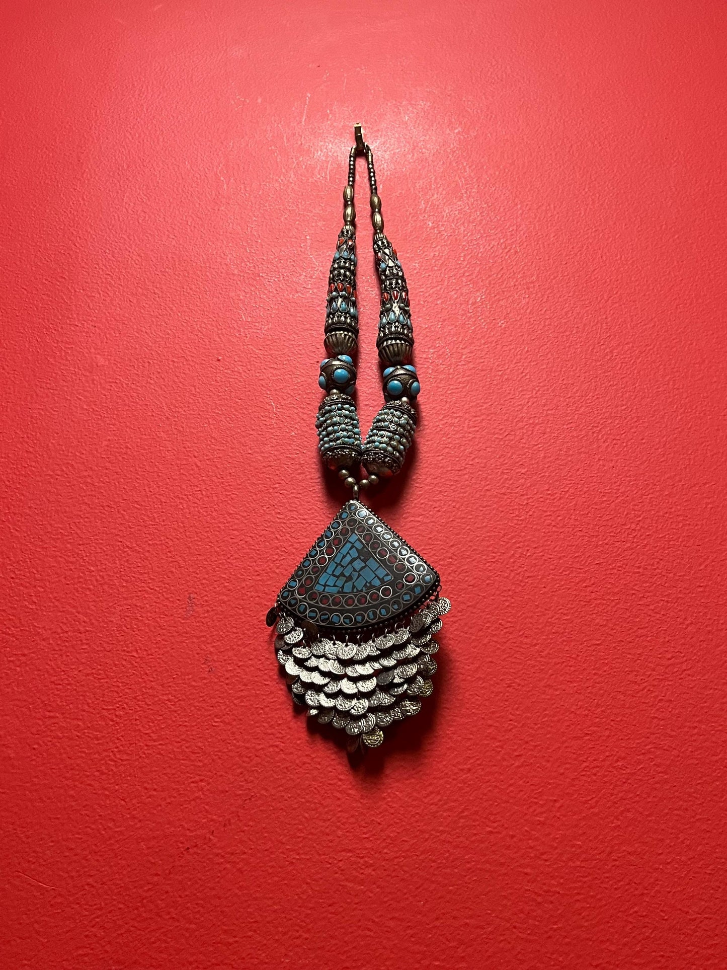 Stunning Persian untested silver turquoise, and coral necklace - 20 inch necklace and 5 inch pendant  beautiful look  great value