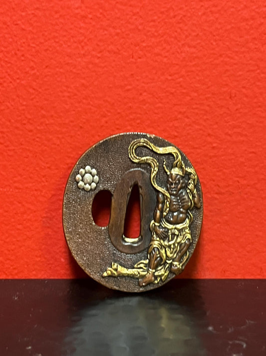 Lovely Japanese bronze signed  antique samurai  tsuba with good imagery from large collection  3 inches wide