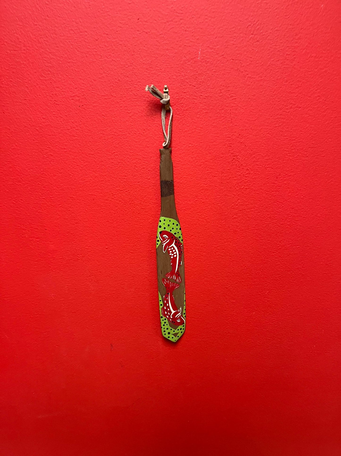 Beautiful 11 inch long indigenous first nations decorated paddle  plaque  older and good value -wonderful salmon imagery