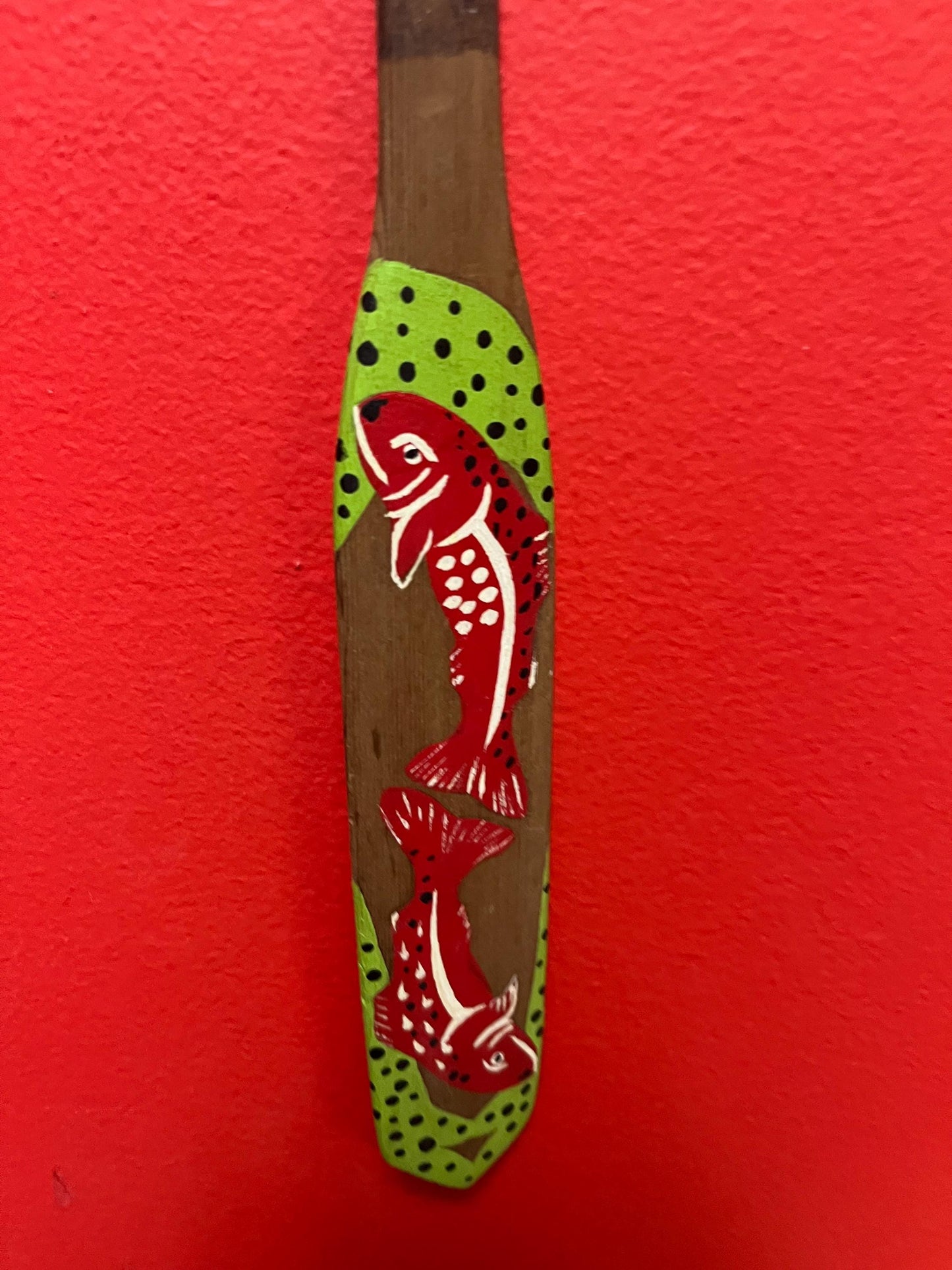 Beautiful 11 inch long indigenous first nations decorated paddle  plaque  older and good value -wonderful salmon imagery