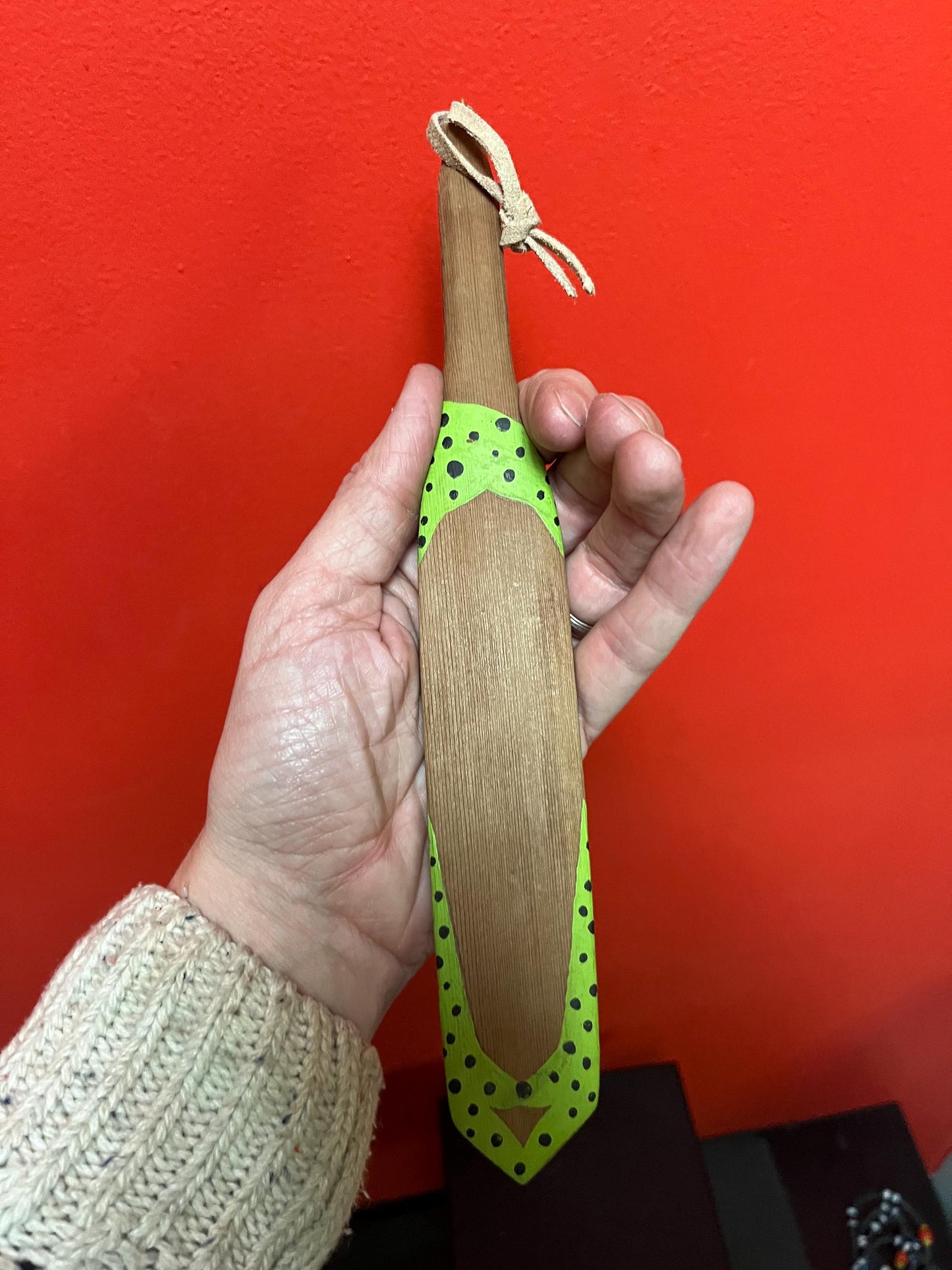 Beautiful 11 inch long indigenous first nations decorated paddle  plaque  older and good value -wonderful salmon imagery