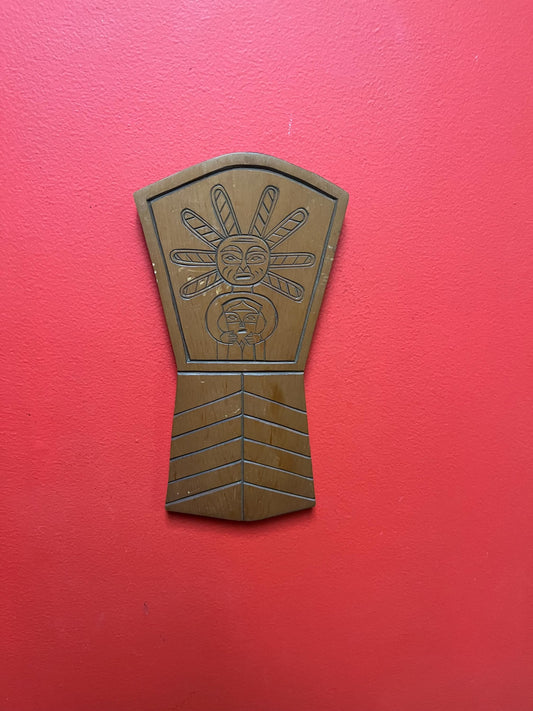 Unusual indigenous first nation pacific northwest coast Cedar plaque 11 x 5” wide — sun mask holding copper — great detail, ready to hang —