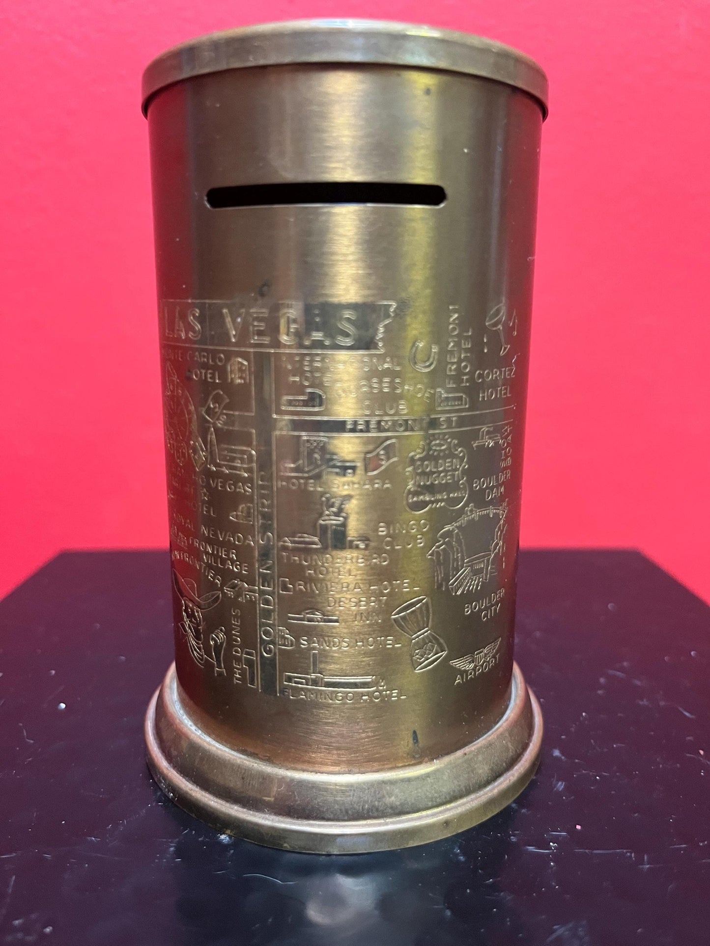 Crazy cool 1950s brass Las Vegas 4 1/2 inch tall money bank