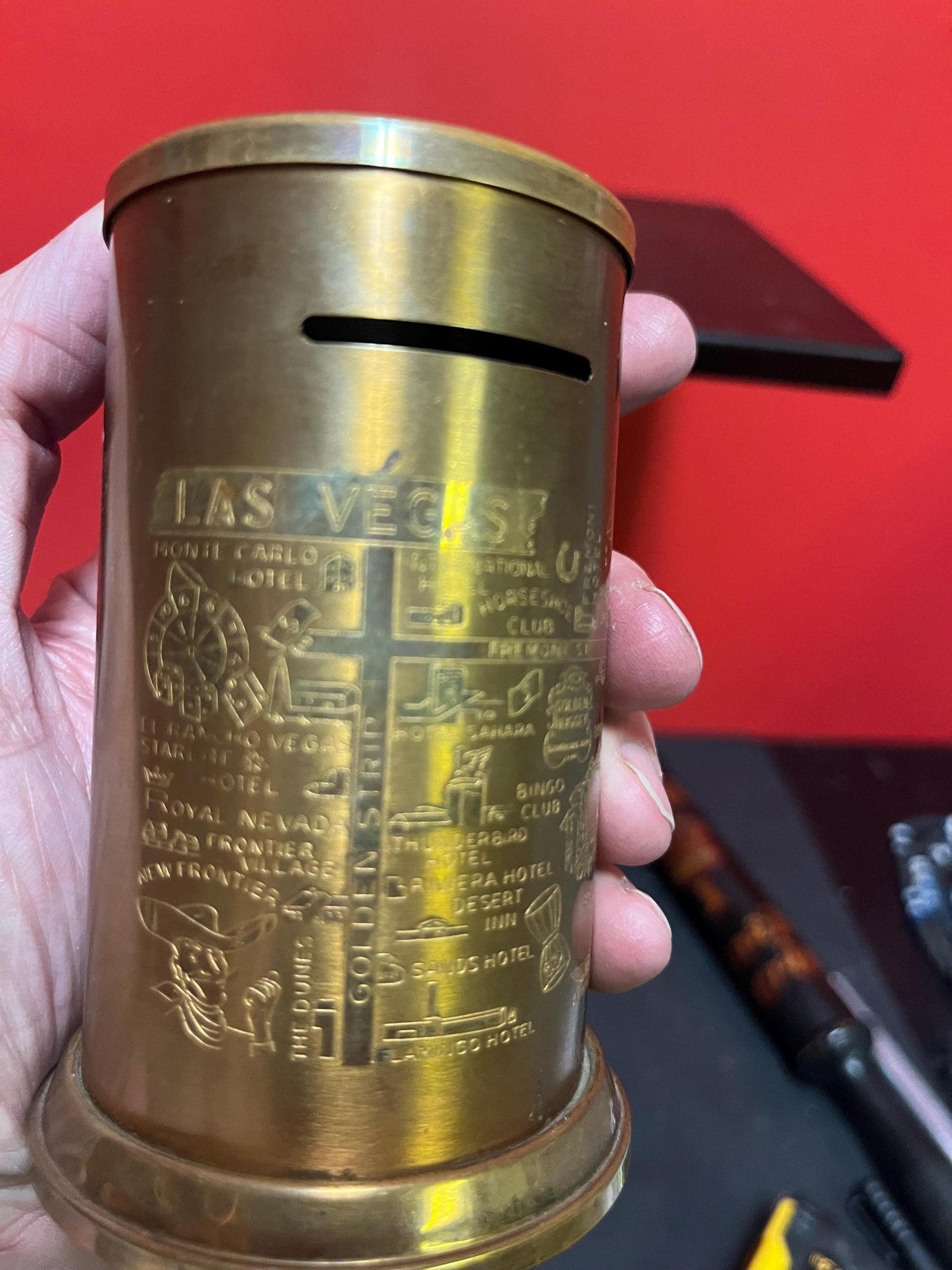 Crazy cool 1950s brass Las Vegas 4 1/2 inch tall money bank