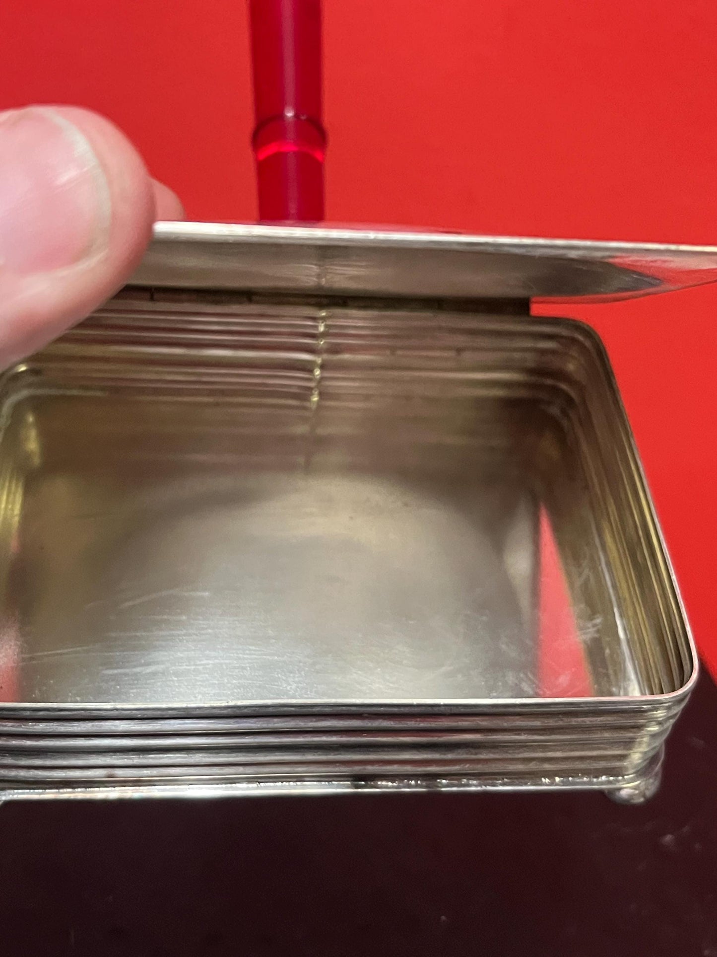 7 x 4 wide antique silver plated Sheffield reproduction art deco crumb tray with cherry Bakelite handle  value priced  you polish