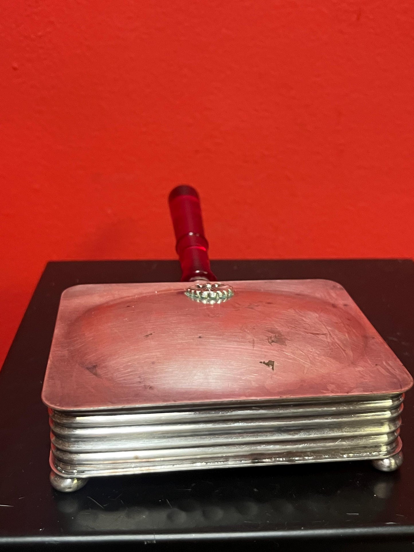 7 x 4 wide antique silver plated Sheffield reproduction art deco crumb tray with cherry Bakelite handle  value priced  you polish