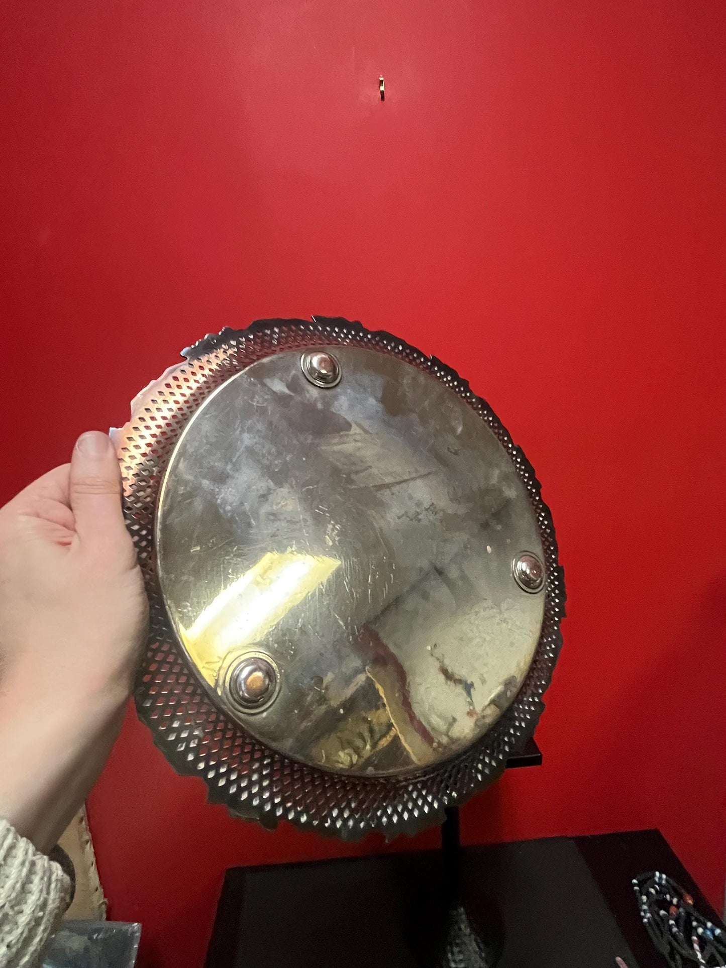 Beautiful English 14 inch heavily decorated tray with grape motif  very elegant and well priced  could use a light polish